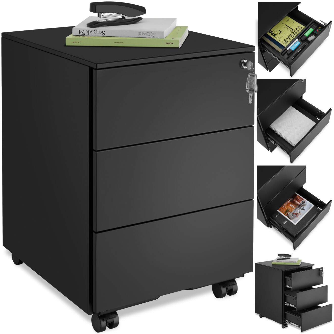 Chest of Drawers Magna - 3 locking drawers, powder-coated steel, 39 x 45 x 55 cm - black