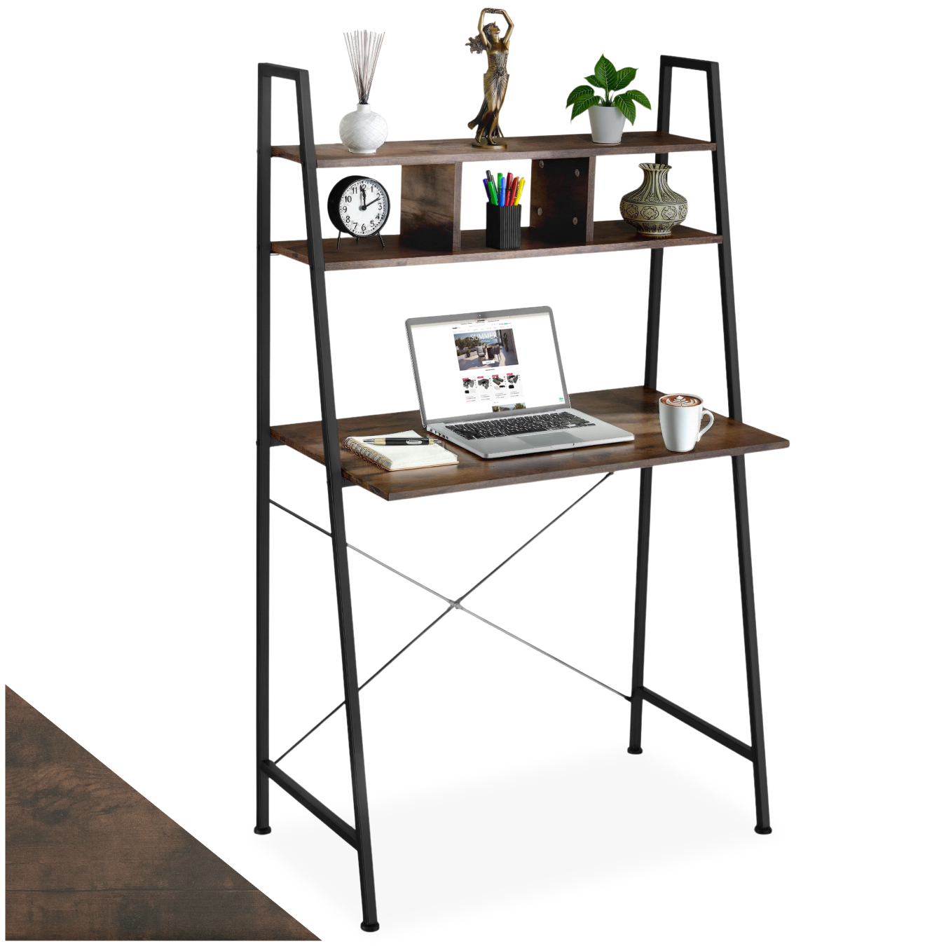 Table de bureau Exeter 85,5x46,5x140cm - Bois foncé industriel, rustique