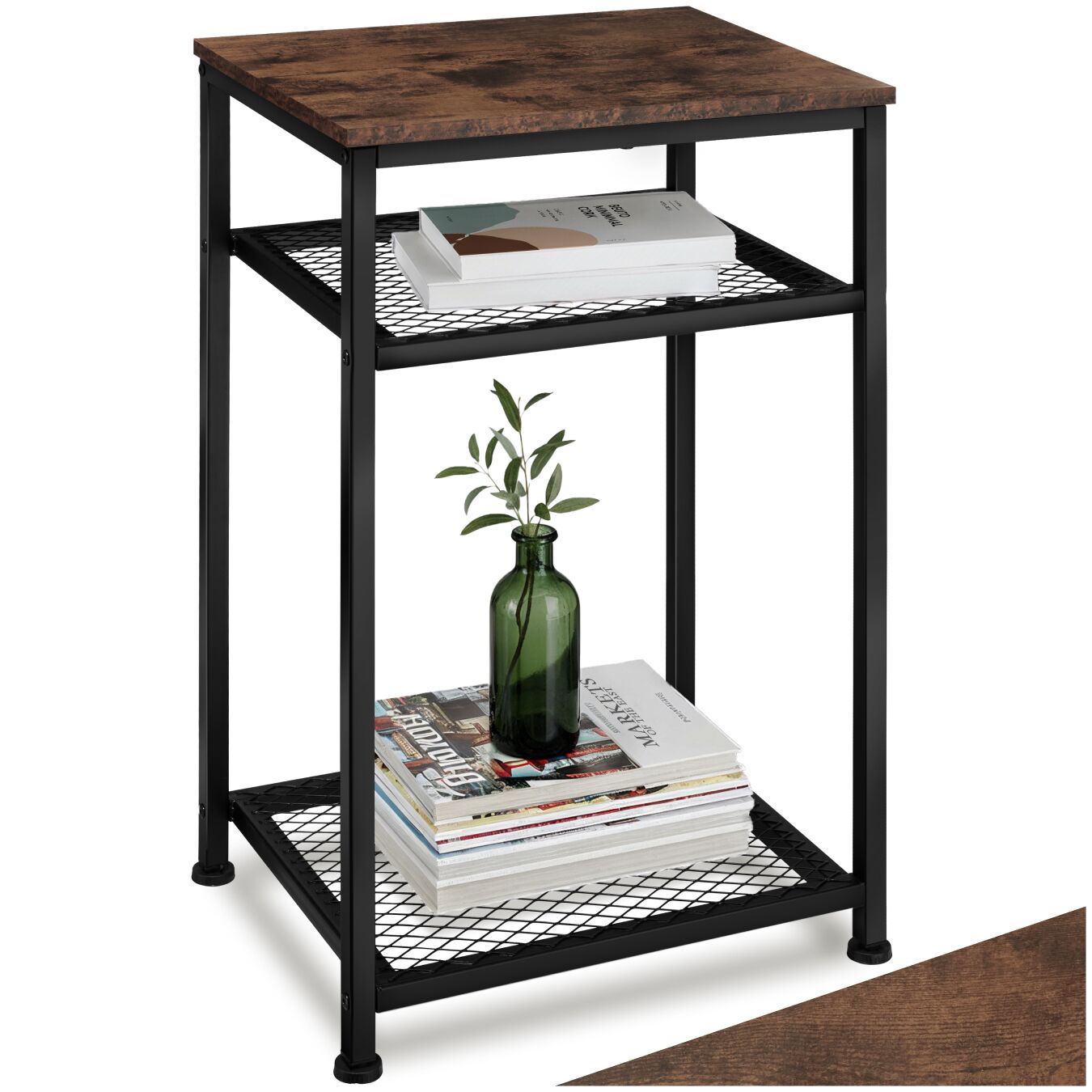 Bedside Table York - industrial style, with 2 grid shelves, 45.5 x 36 x 75.5 cm - Industrial wood dark, rustic | tectake