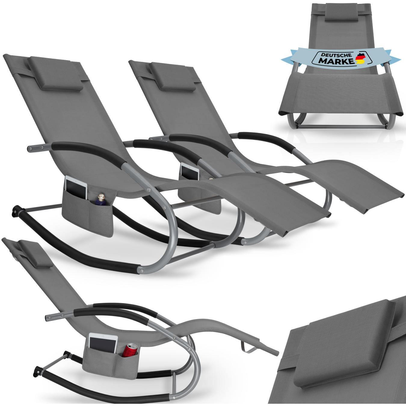 Chaise longue TAYA ergonomique avec fonction de balancement - gris, Lot de 2