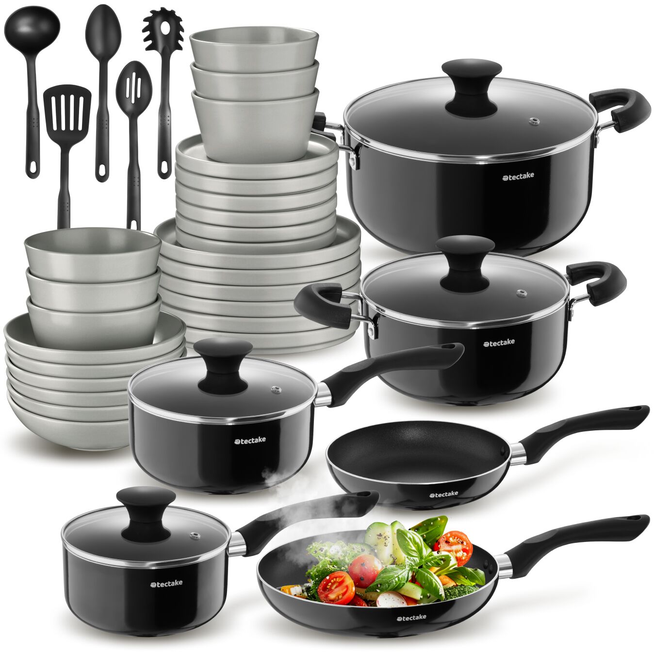 Dinnerware Set for 6 People with Plates, Bowls, Utensils, Pots and Pans - grey/black, 39 pc