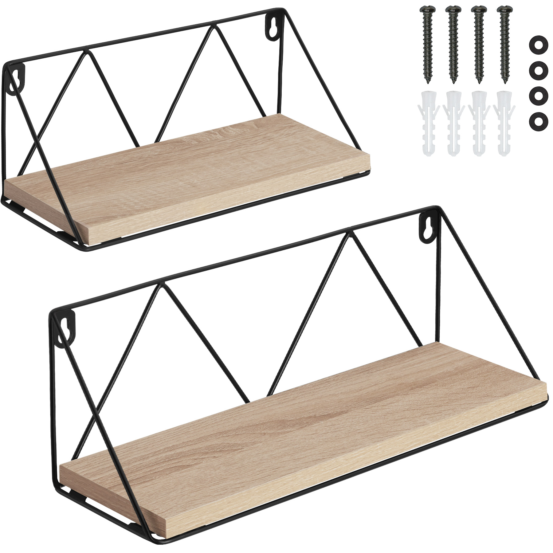 Wall Shelves - set of 2, wooden, decorative metal brackets, high load-capacity - industrial wood light, oak Sonoma