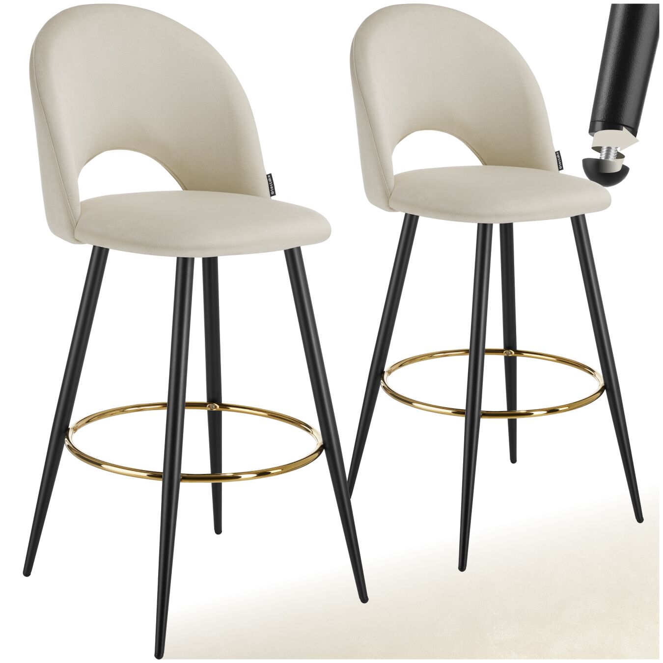 tectake - Bar Stool Rachel with backrest and velvet look cover, 49 x 58 x 110 cm - cream/black, Set of 2