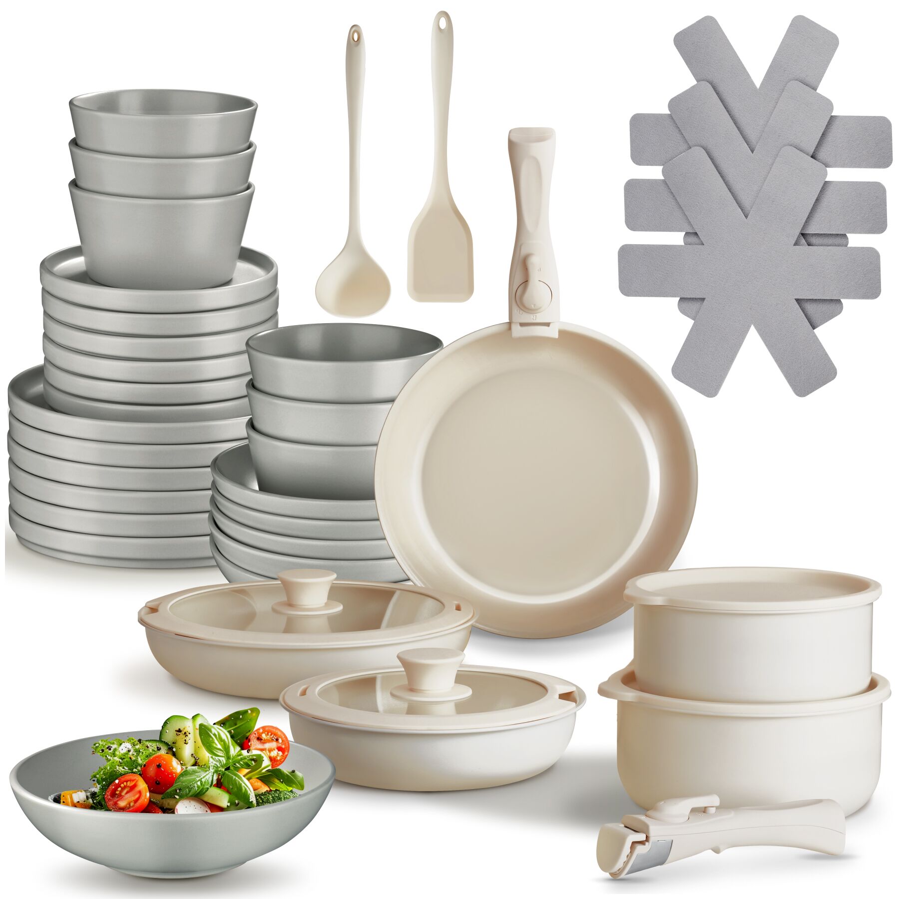Kitchen starter set for 6 people with crockery, pots and more - grey/white, 40 pc | tectake