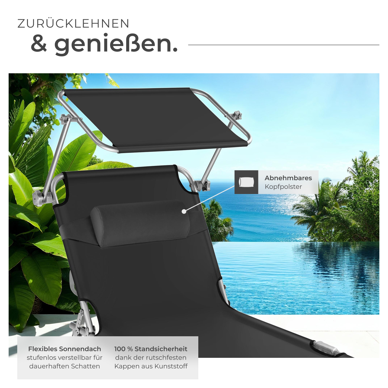 Sonnenliege mit Dach klappbar Gartenliege Relaxliege Strand Sonnendach 190 cm