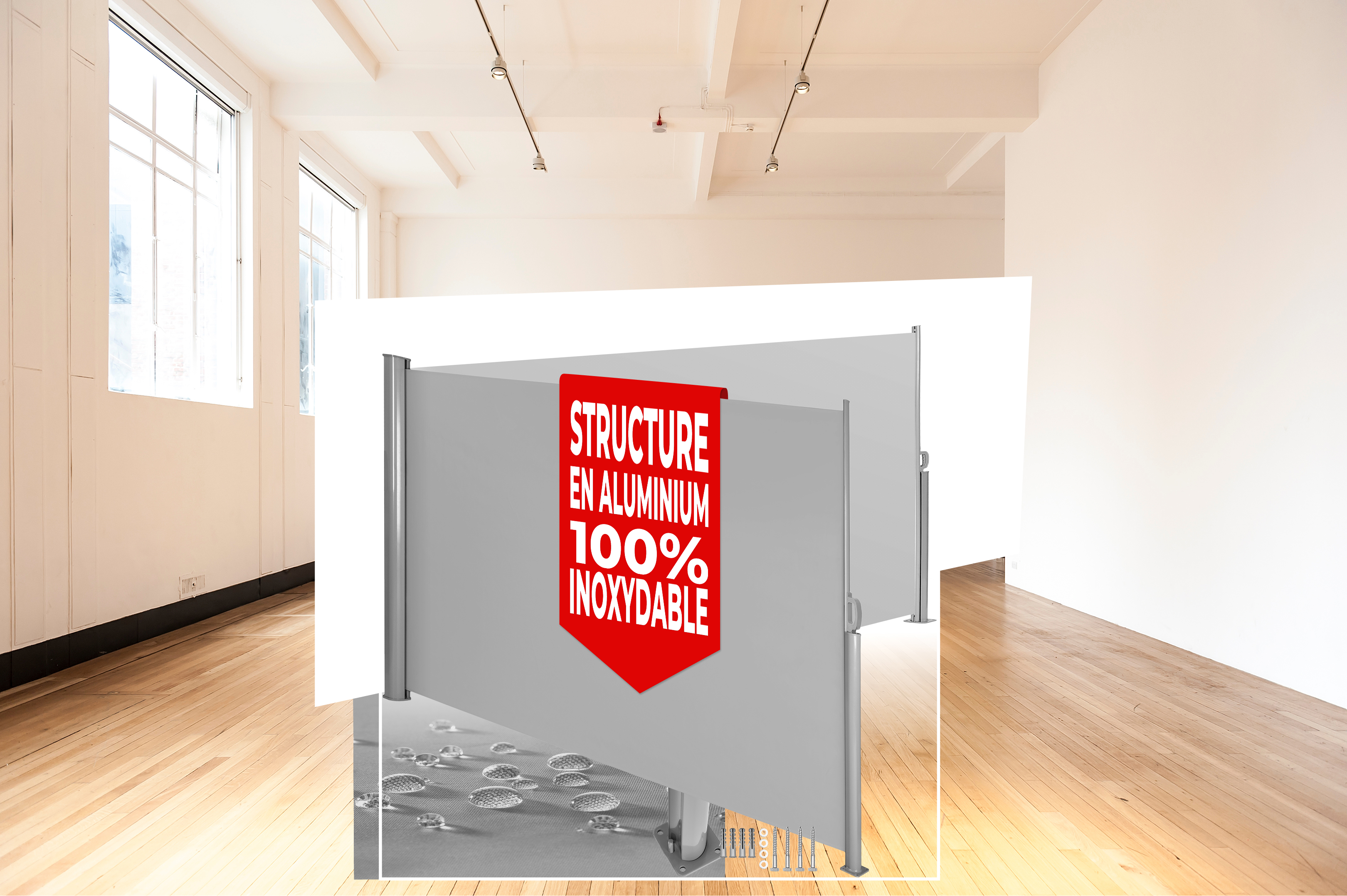 Store latéral double en aluminium, extensible, avec mécanisme d'enroulement - 600.00 x 200.00 x 10.00 cm, gris | tectake