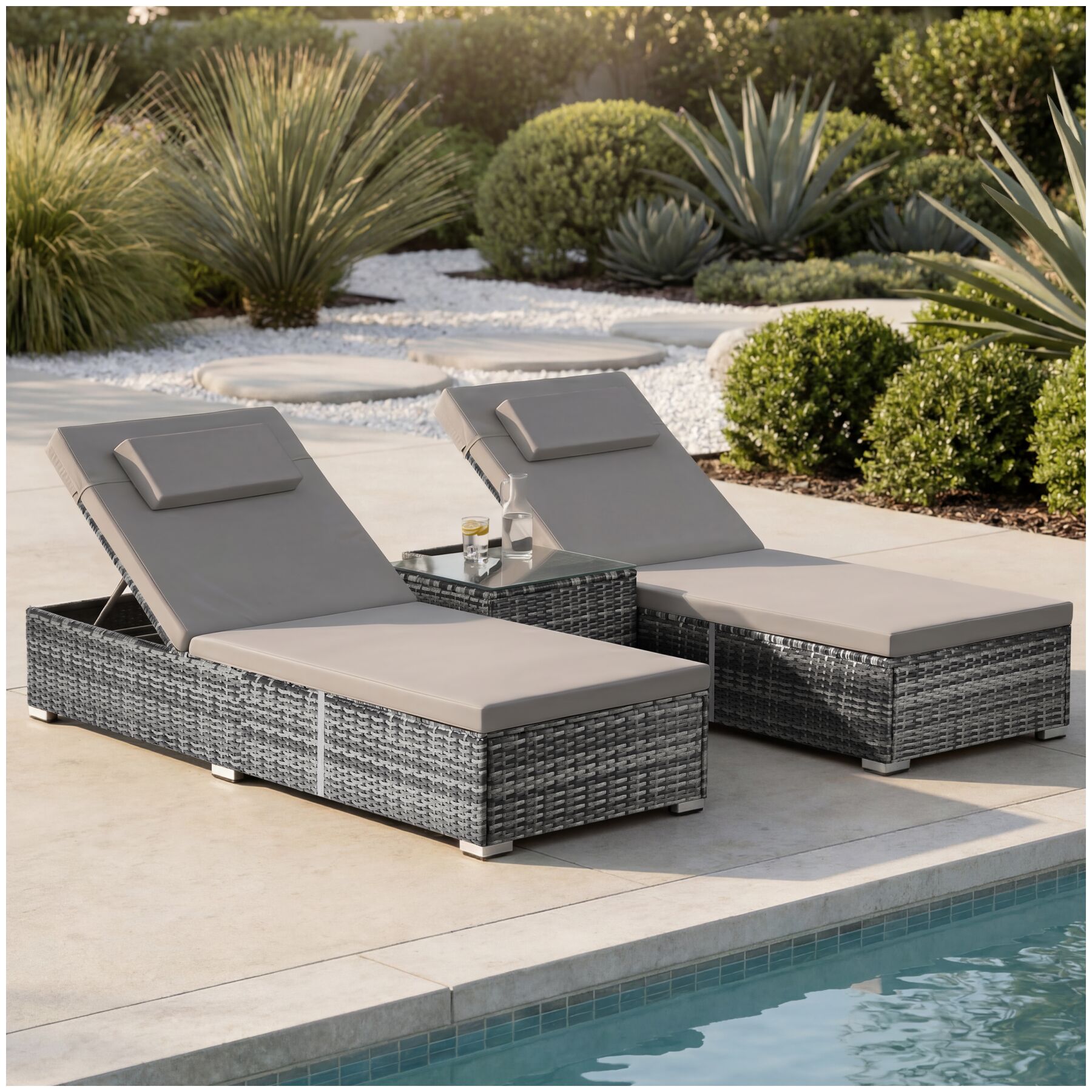 Carbonera Rattan Double Lounge Chair with Table, Adjustable Backrest - grey | tectake