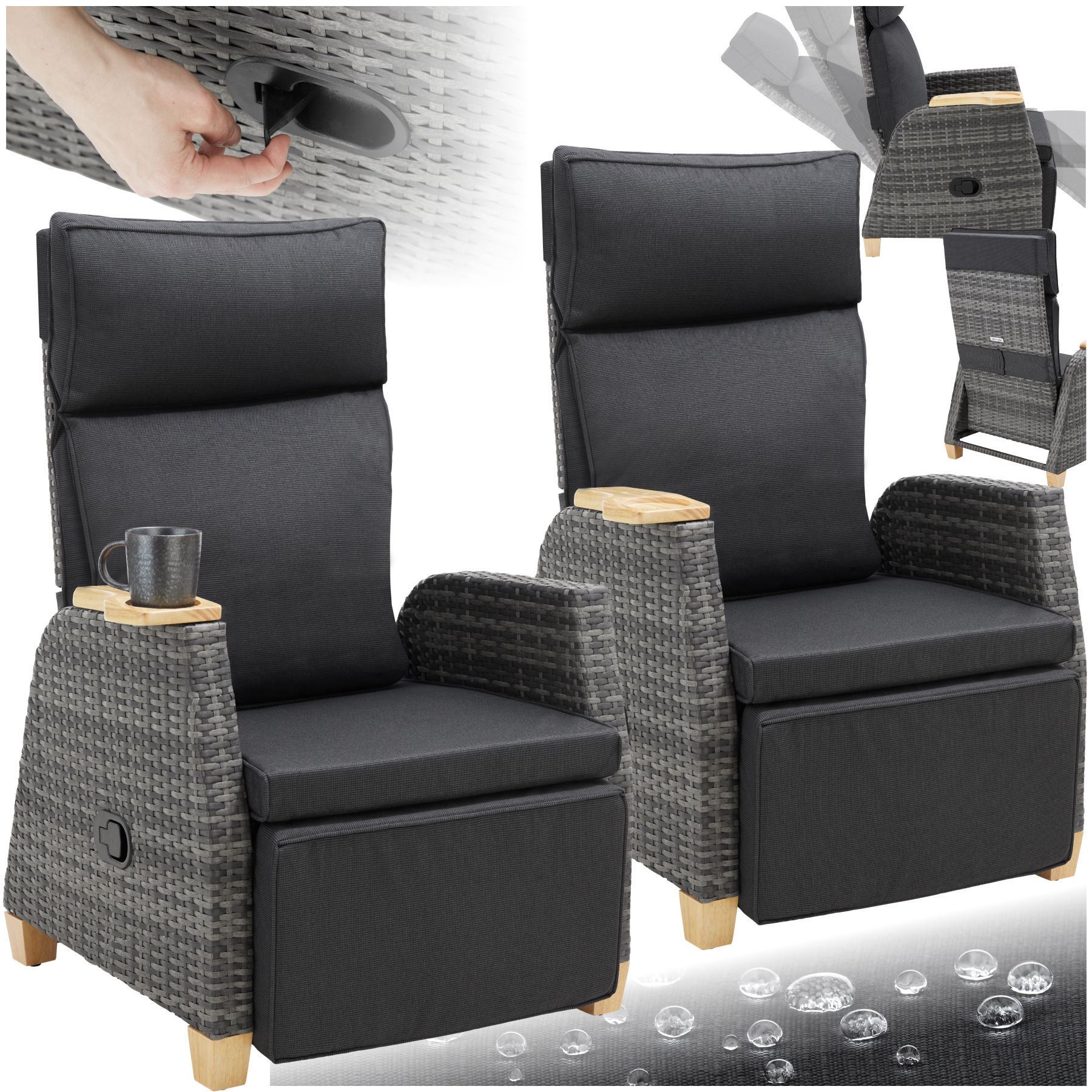 Fauteuil en rotin Pescara avec structure en aluminium, dossier réglable - Lot de 2 | tectake