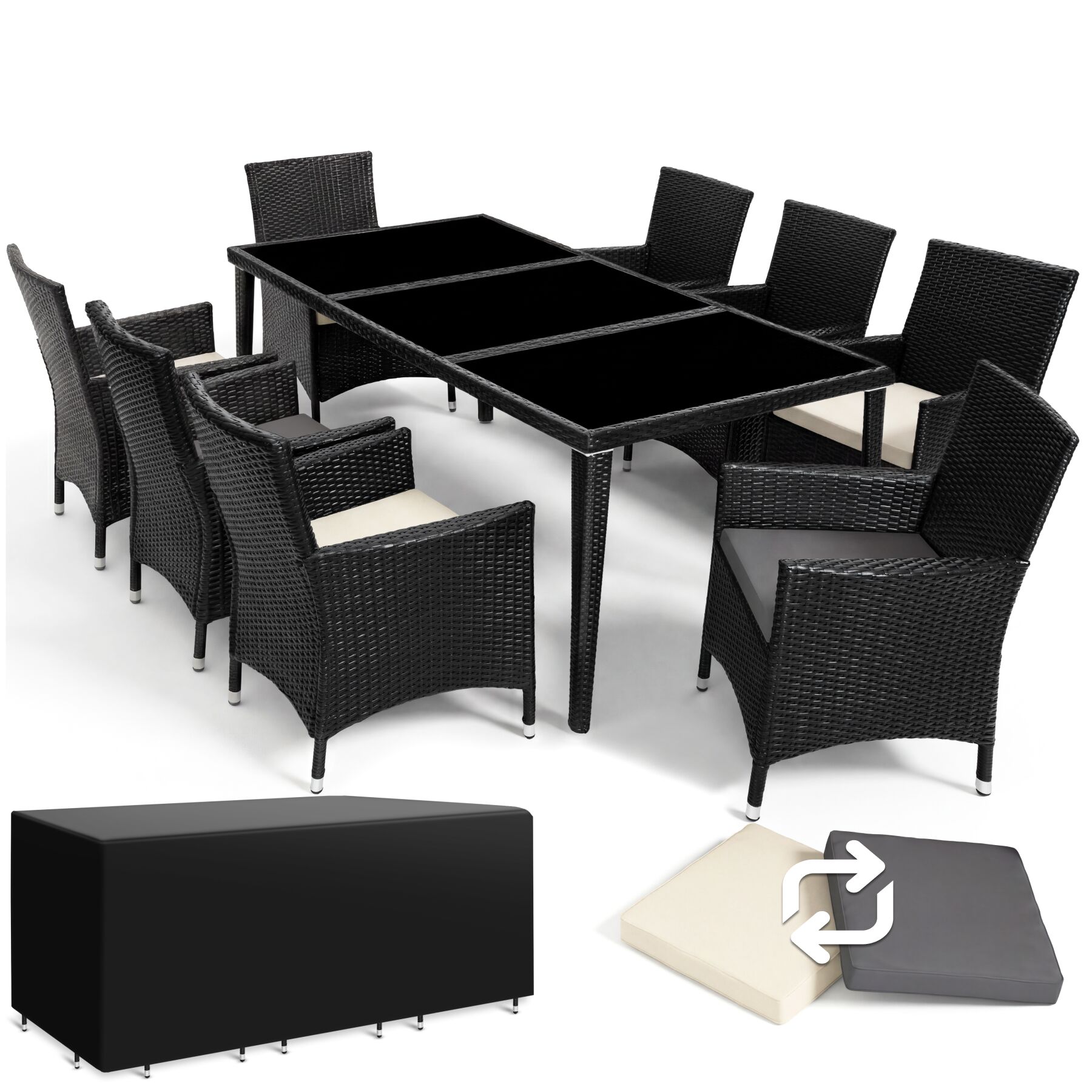Aluminium Rattan Sitzgruppe Menorca 8+1 mit Schutzhülle - schwarz