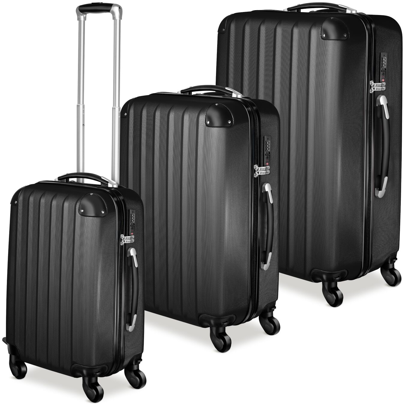 Suitcase Set - 3 hard-shell suitcases with telescopic handle, swivel wheels - black | tectake