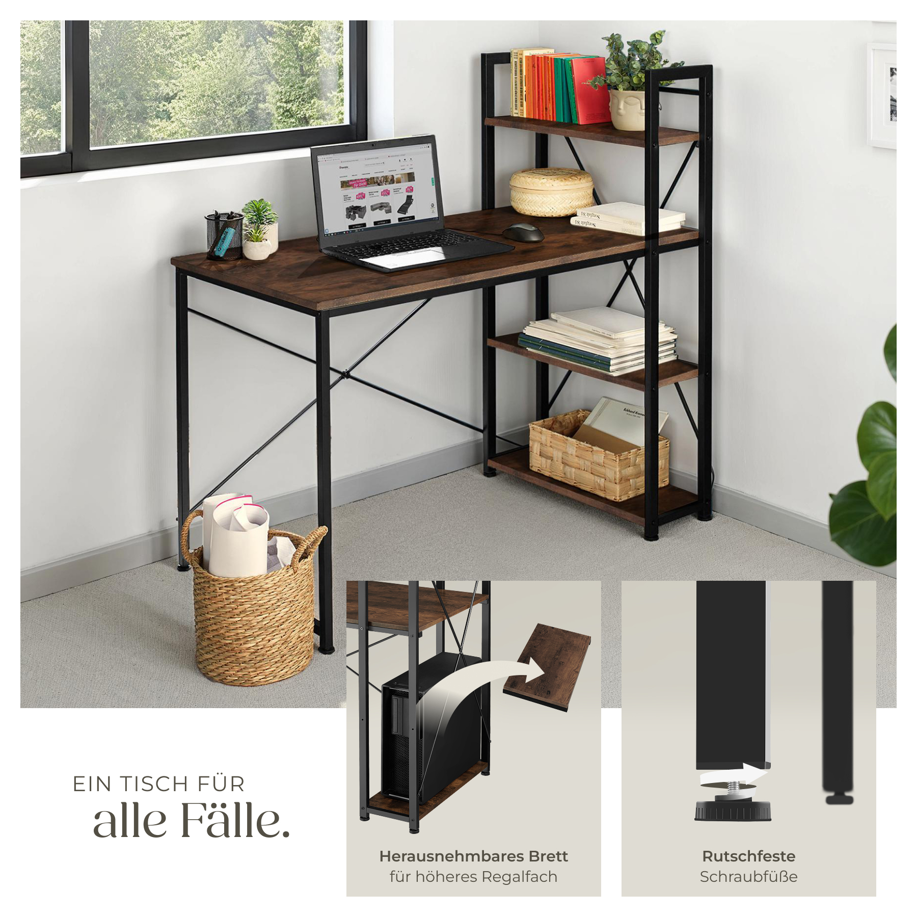 Schreibtisch mit Regal Bürotisch Arbeitstisch 3 Ablagen Industrial Holz Metall