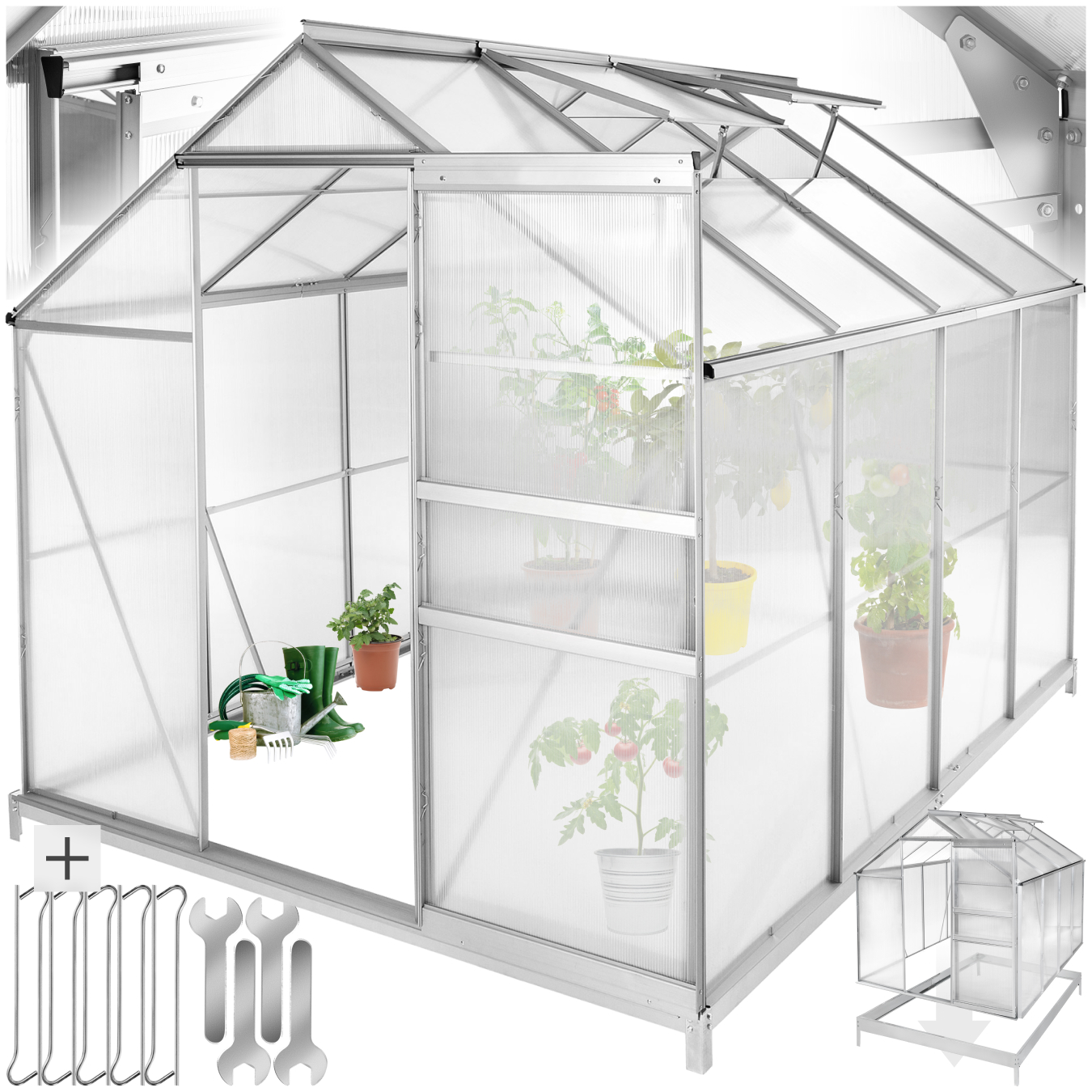 Serre en aluminium avec fondation, 185x250x195cm - blanc transparent | tectake