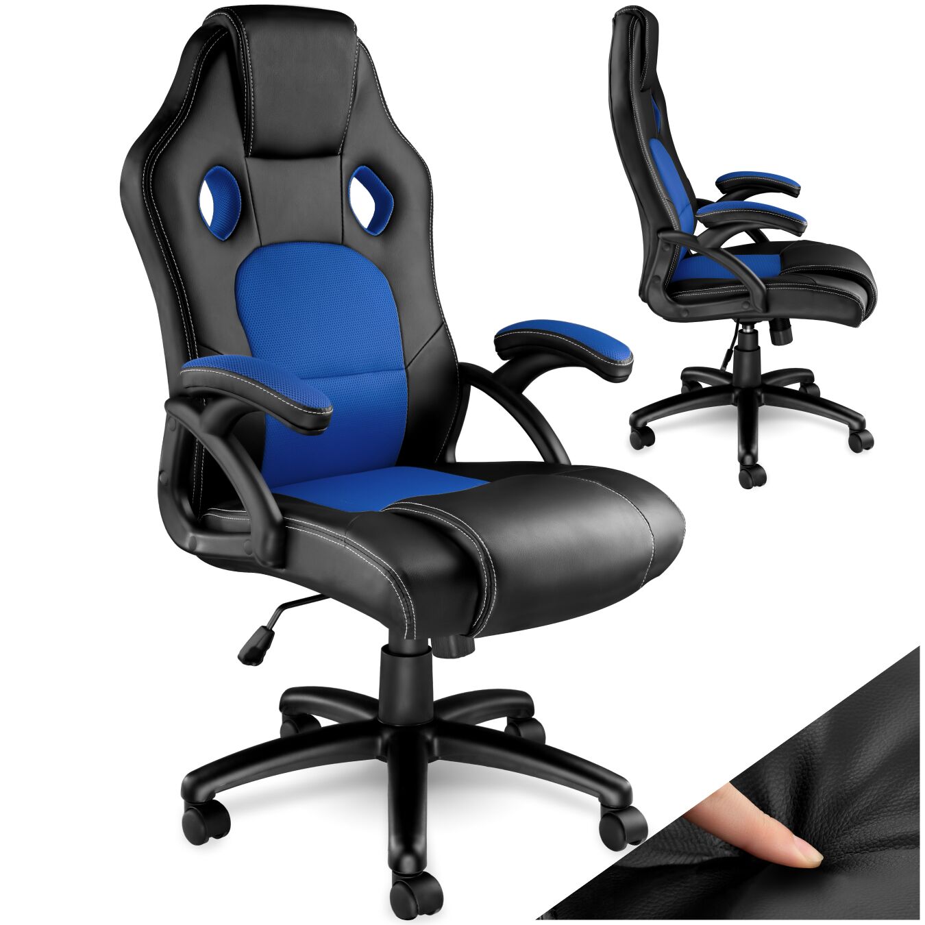 Bürostuhl, ergonomische Form, dicke Polsterung, Kunstlederbezug mit Mesh-Gewebe - schwarz blau | tectake