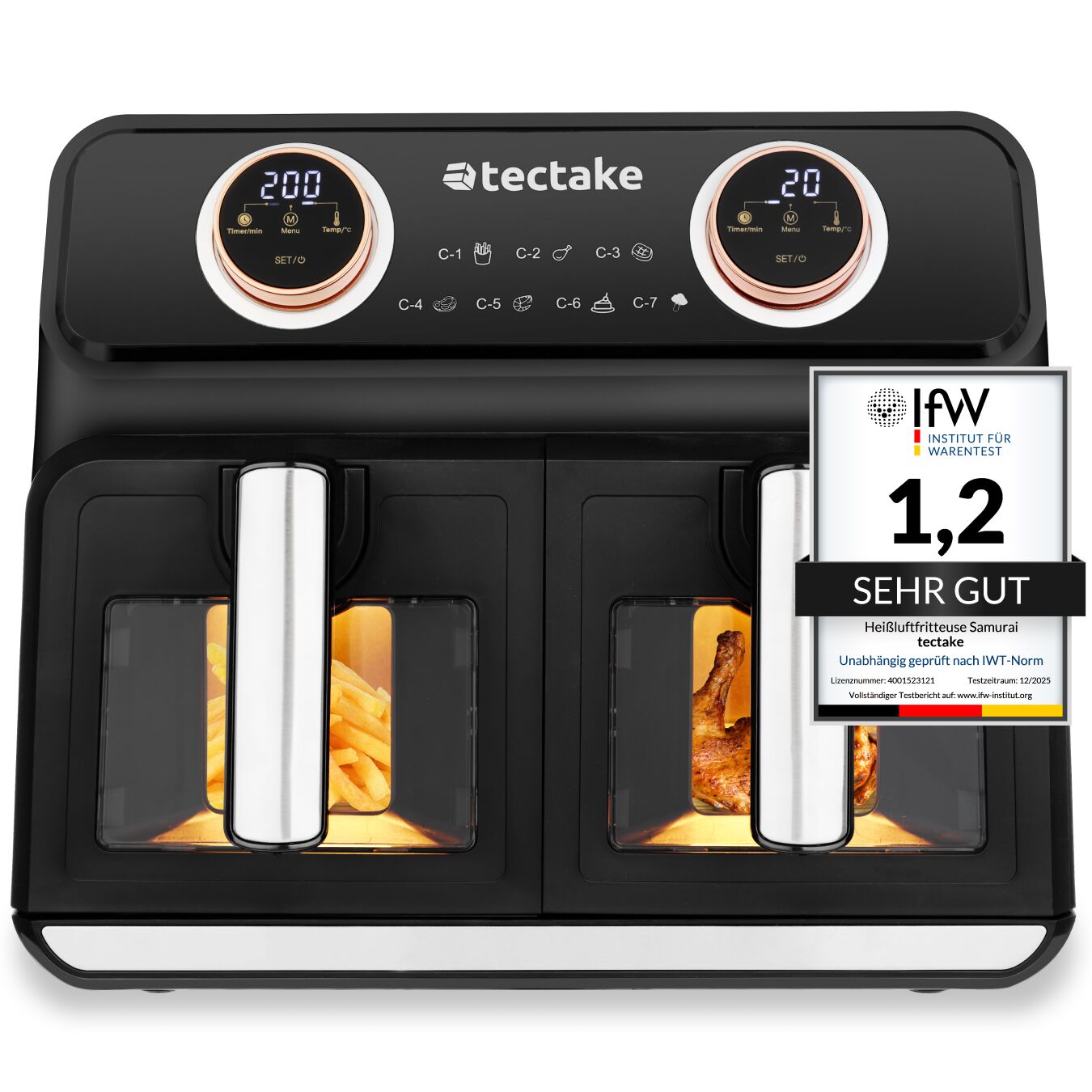 Heißluftfritteuse Samurai, 2 Garräume, 7 Programme, 2400W - schwarz