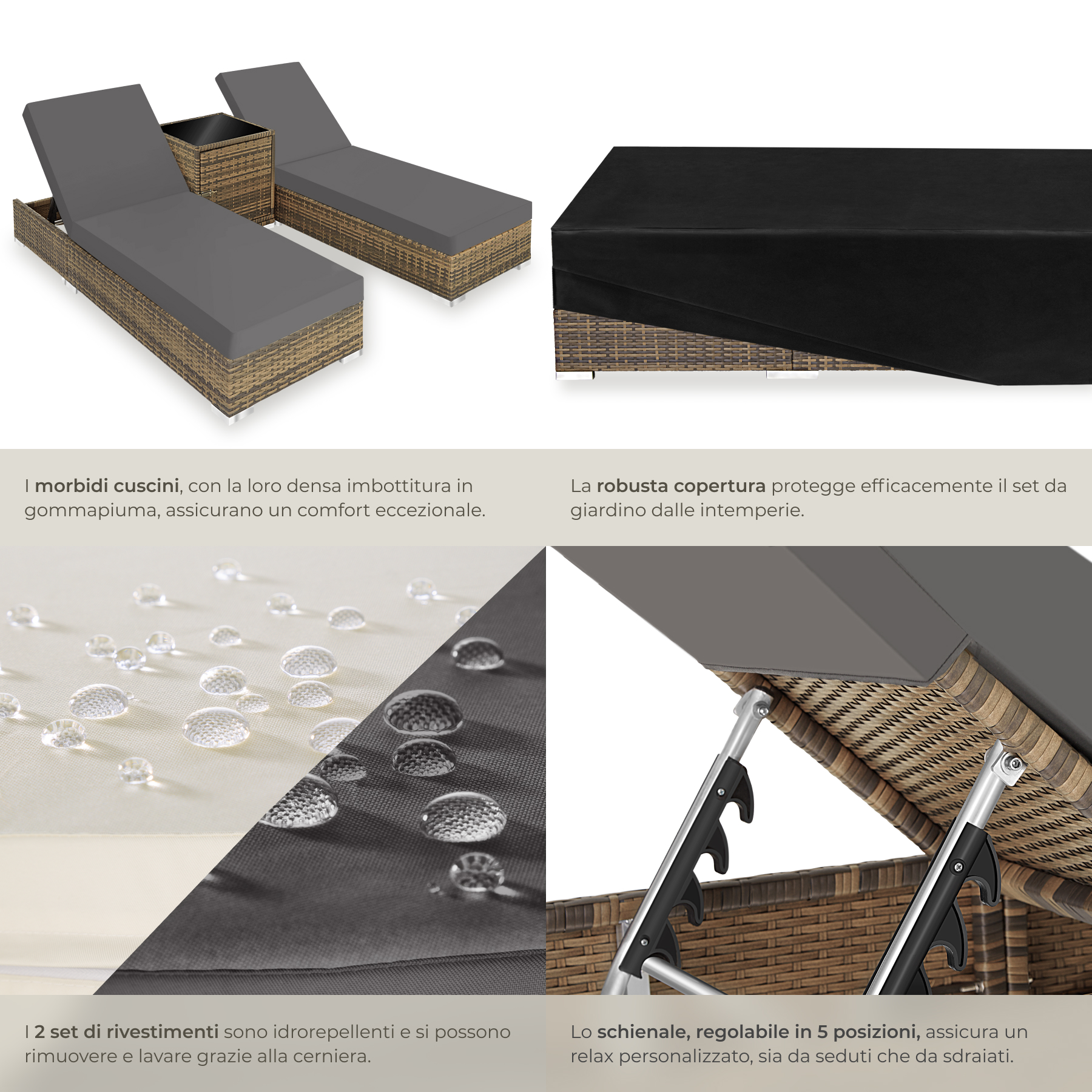 2 x sdraio in polyrattan + tavolo alluminio giardino rattan lettino mobili telo - Foto 60 di 67