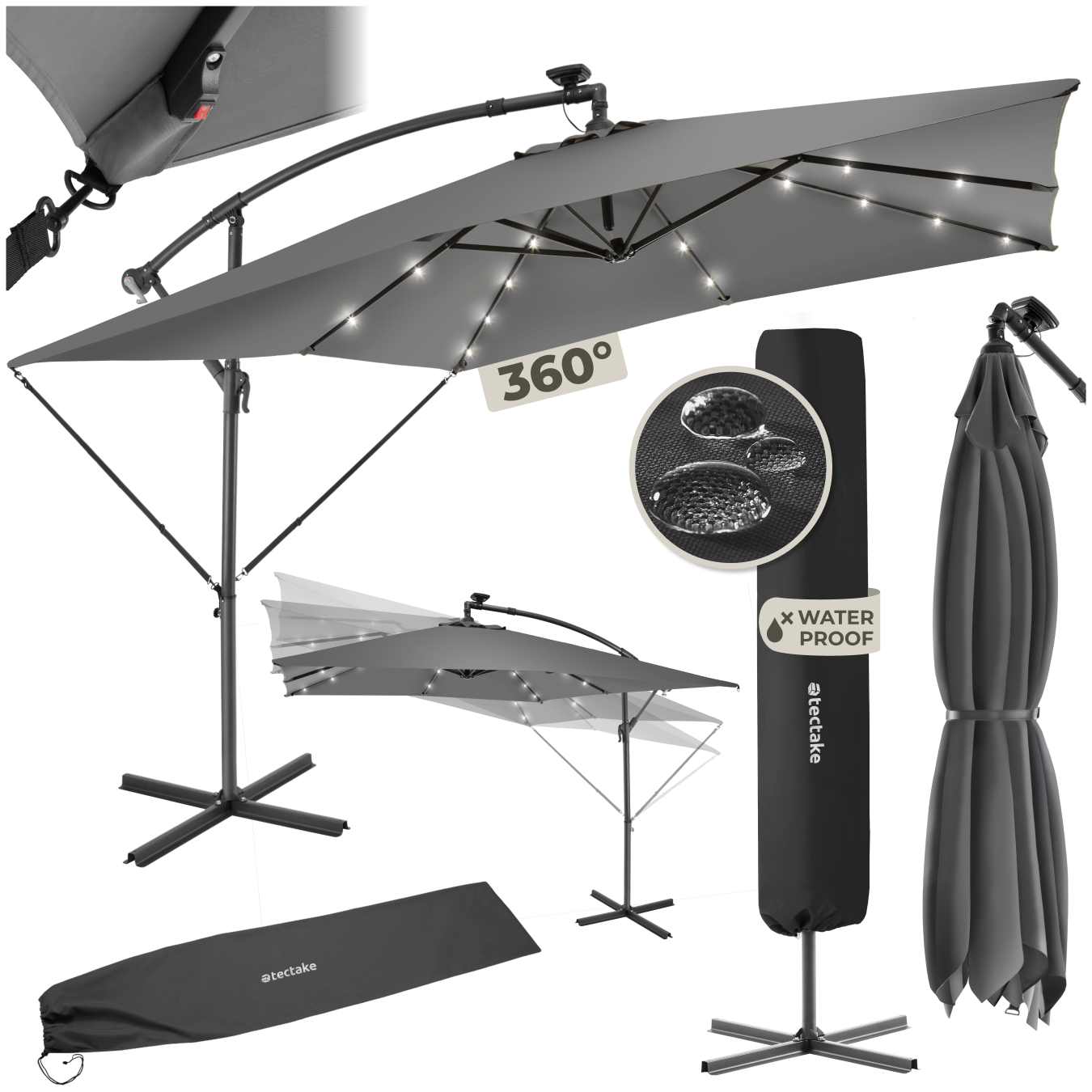 Parasol à LED solaire Sunna avec manivelle 2,5 x 2,5 m - gris clair de tectake