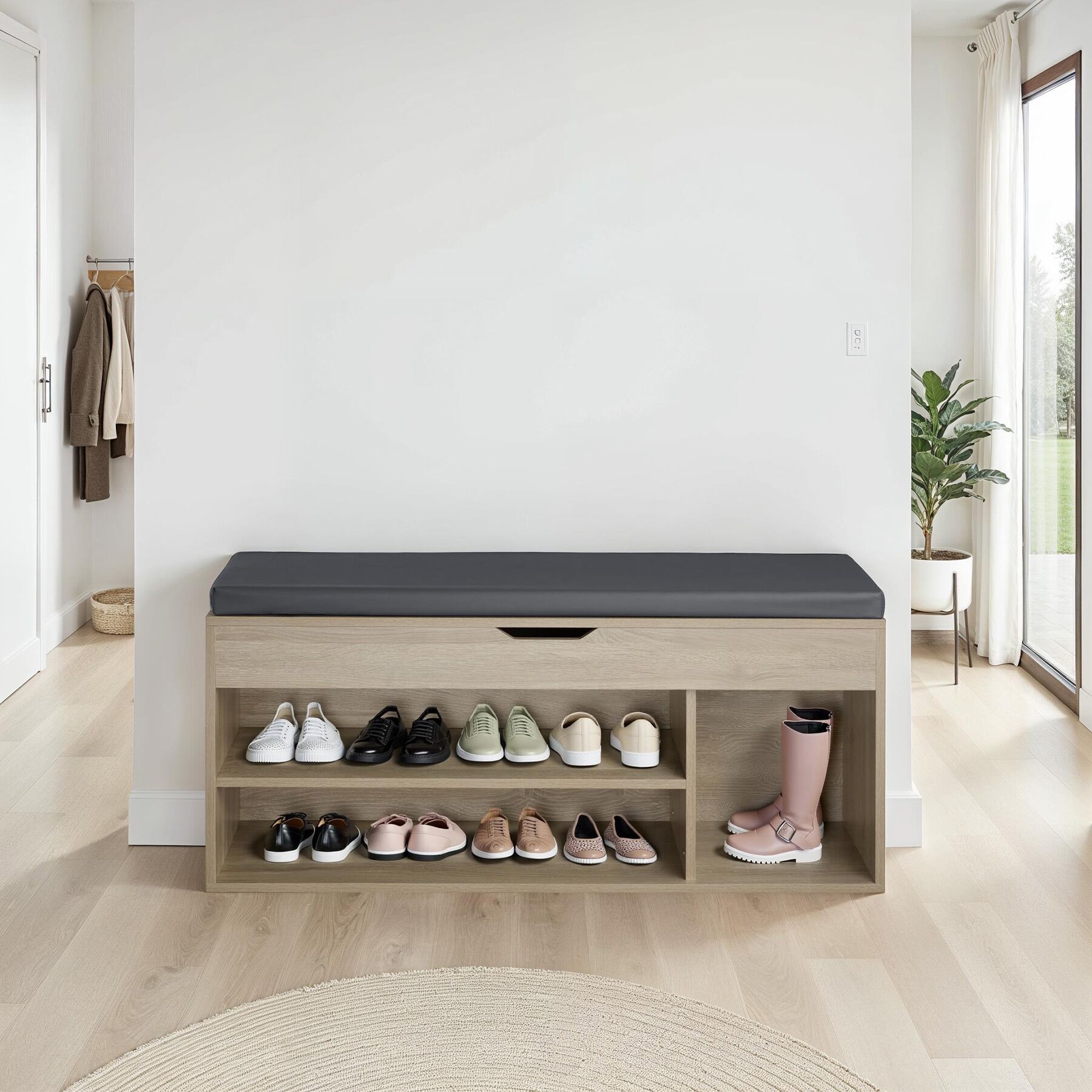 Schuhbank mit Sitzkissen Holz Schuhschrank Schuhregal Sitzfläche Klappfach 104cm - Bild 35 von 37