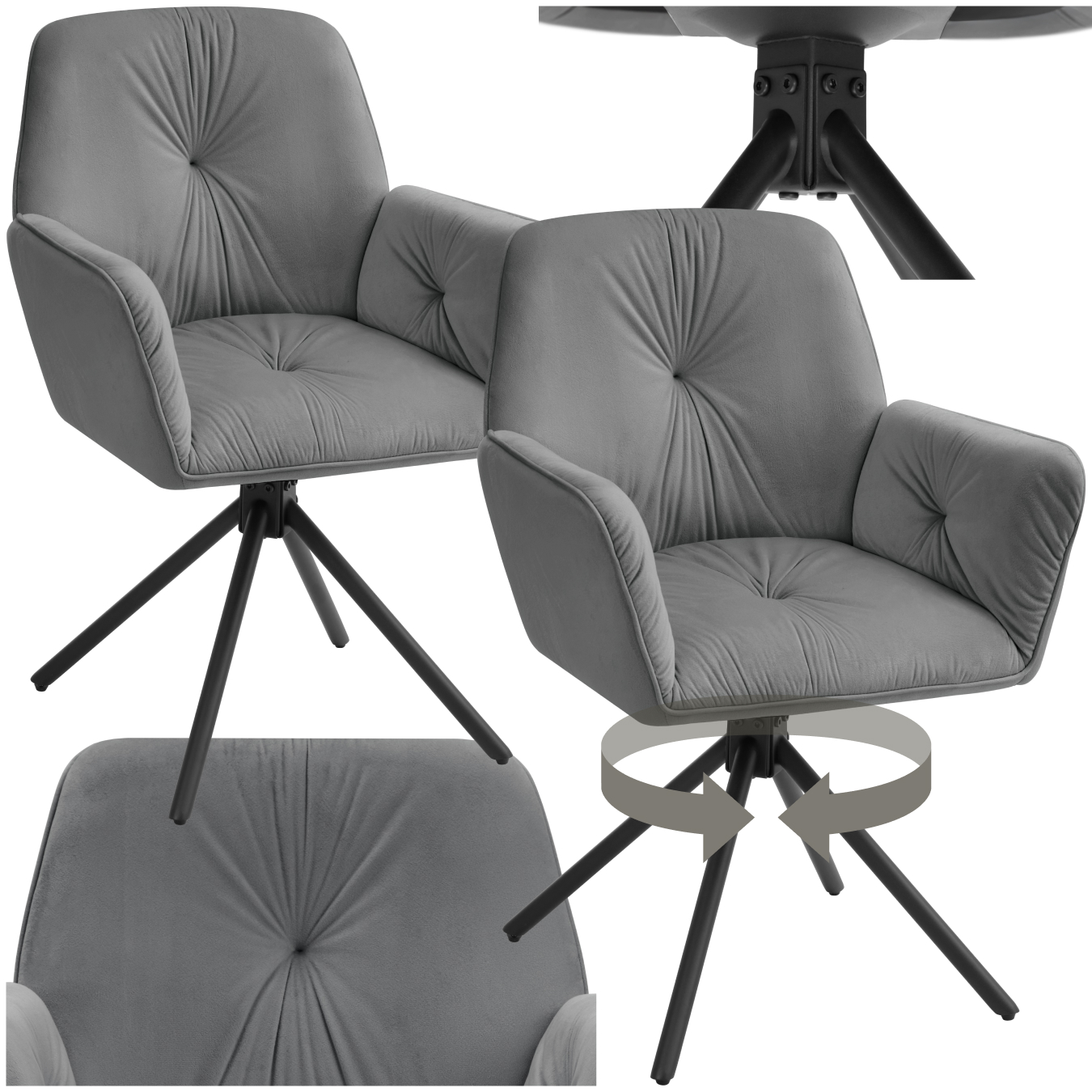 Chaise pivotante LENIA rembourrée - Aspect velours anthracite/noir, Lot de 2 de tectake