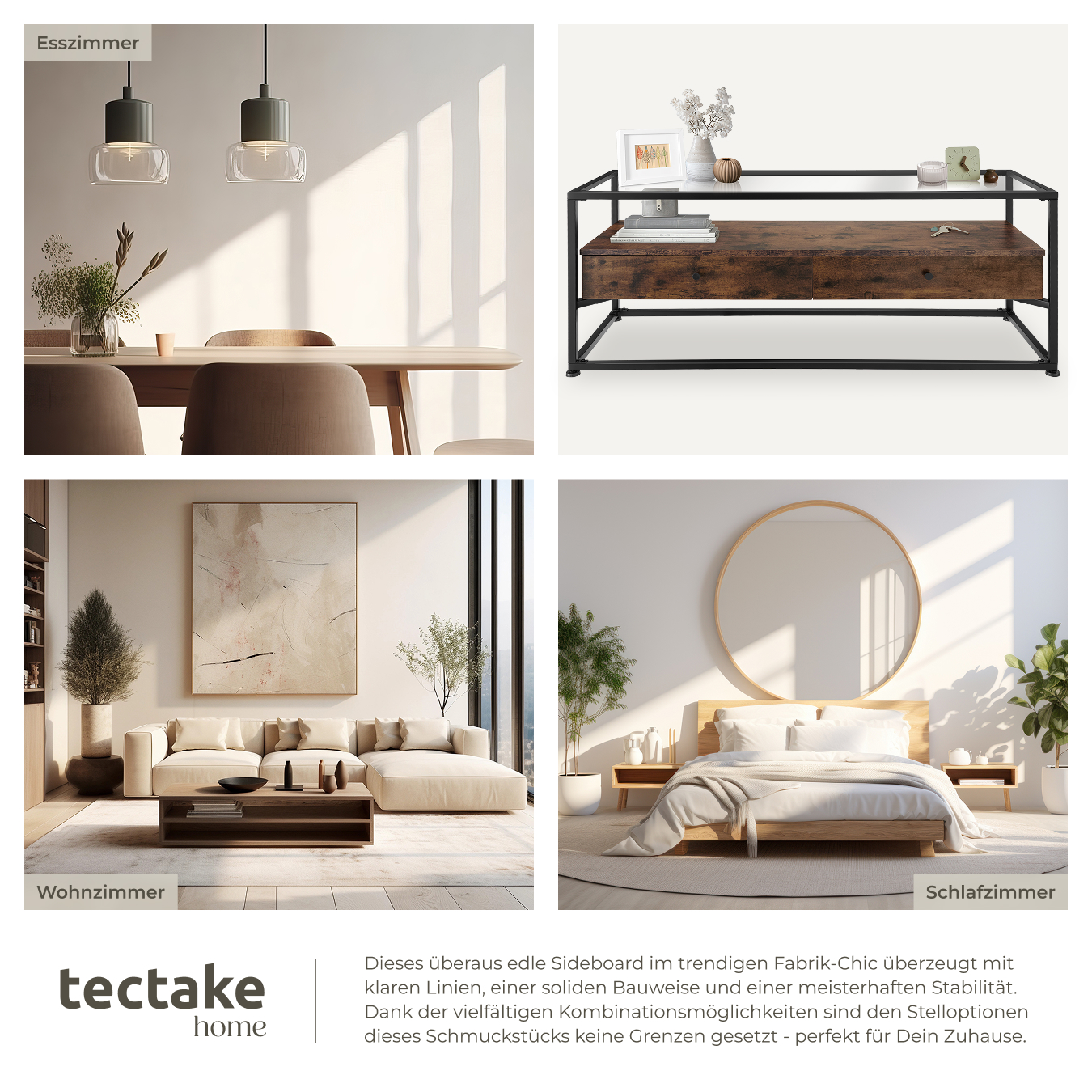 Lowboard Sideboard TV-Regal Fernsehtisch 2 Schubladen Glas Holz Metall Industrie