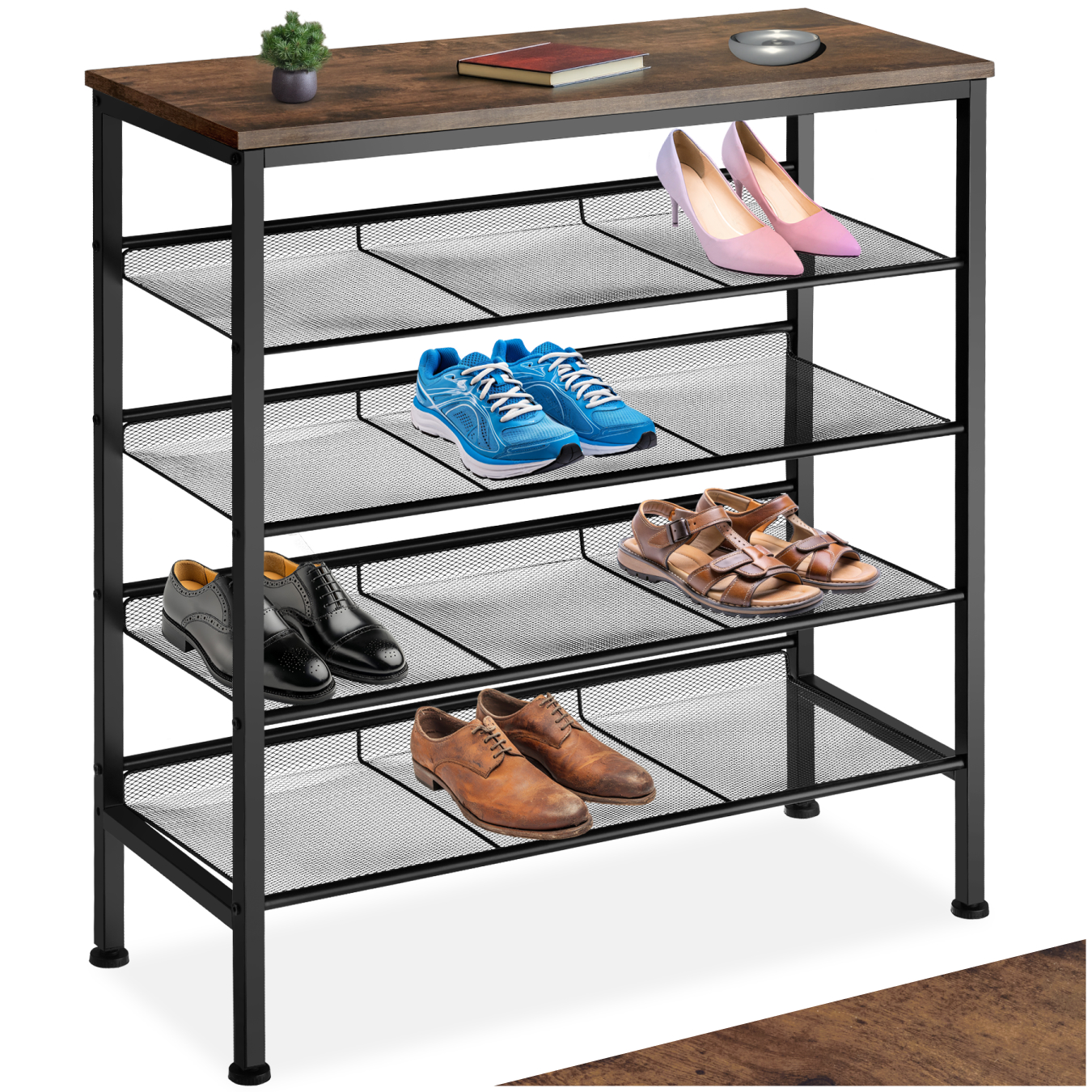 Shoe Rack Bournemouth - surface shelf and 4 grid shelves, industrial style - Industrial wood dark, rustic