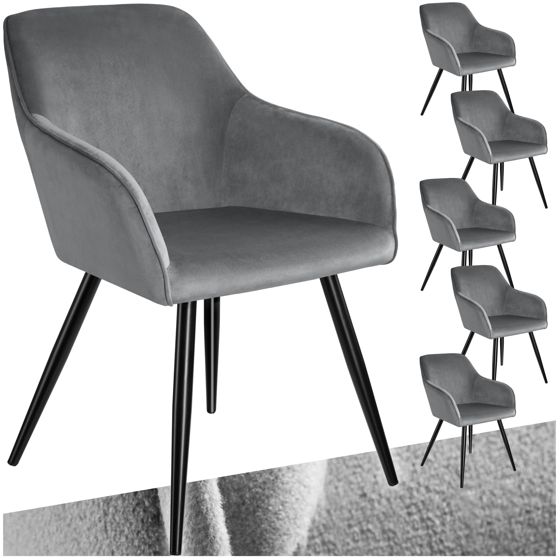 Esszimmerstuhl Marilyn Samtoptik, schwarze Stuhlbeine - grau/schwarz, 6er Set