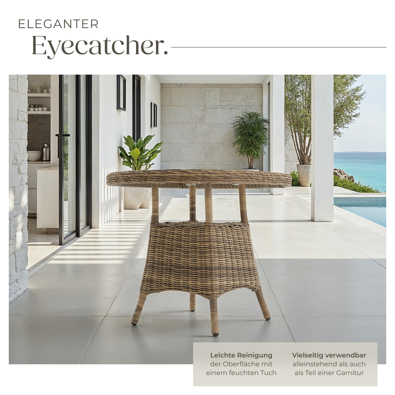 Gartentisch rund 90 cm Polyrattan Beistelltisch Alu Geflechttisch Garten Balkon