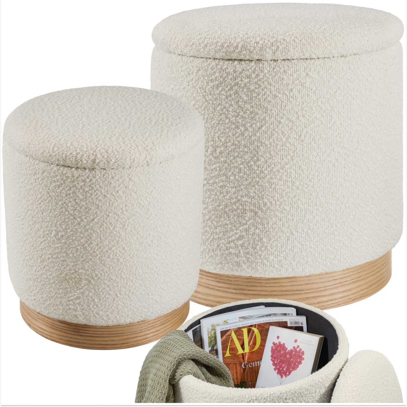 Set di 2 sgabelli Orchide bouclé, imbottiti, con spazio interno - crema
