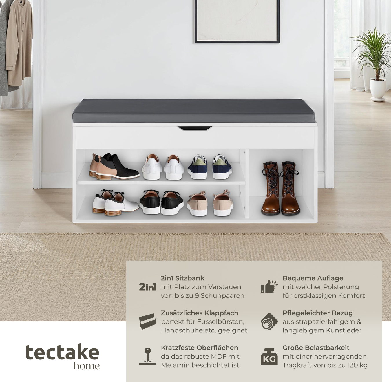 Schuhbank mit Sitzkissen Holz Schuhschrank Schuhregal Sitzfläche Klappfach 104cm - Bild 3 von 37