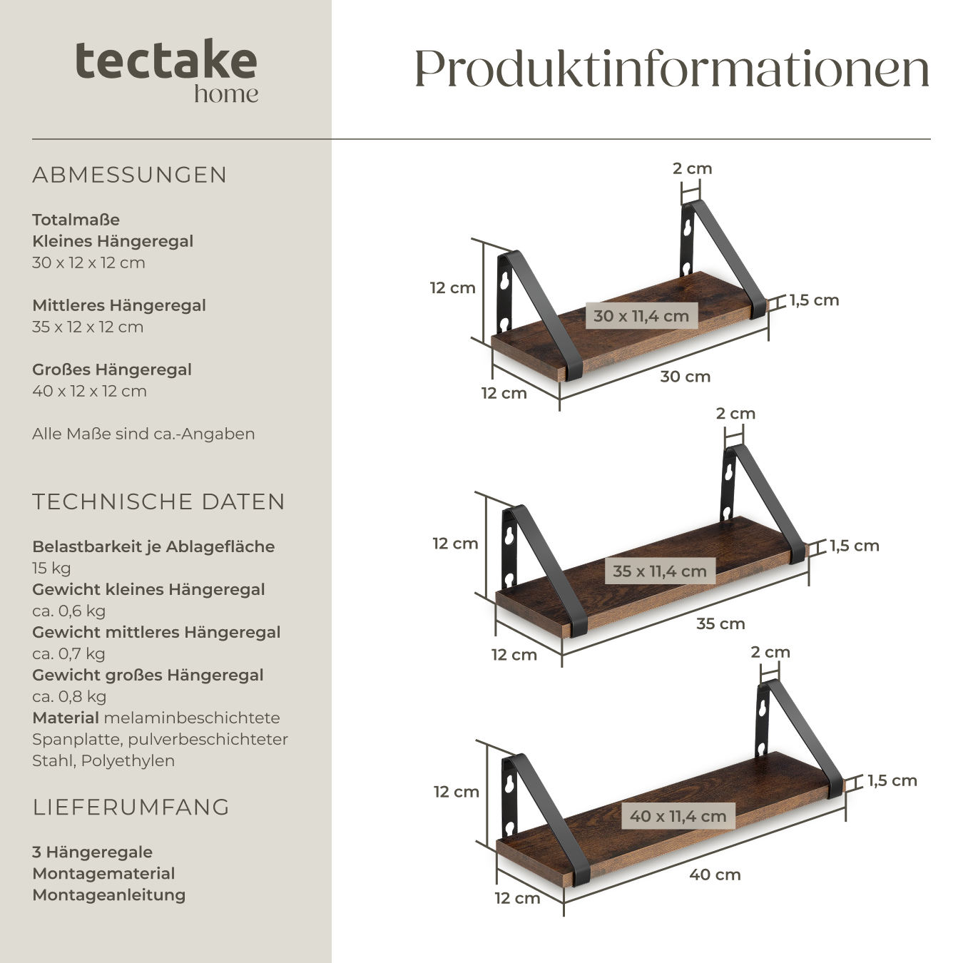3er Set Hängeregal Wandregal Schweberegal Regal 303540cm Industrie Holz Metall
