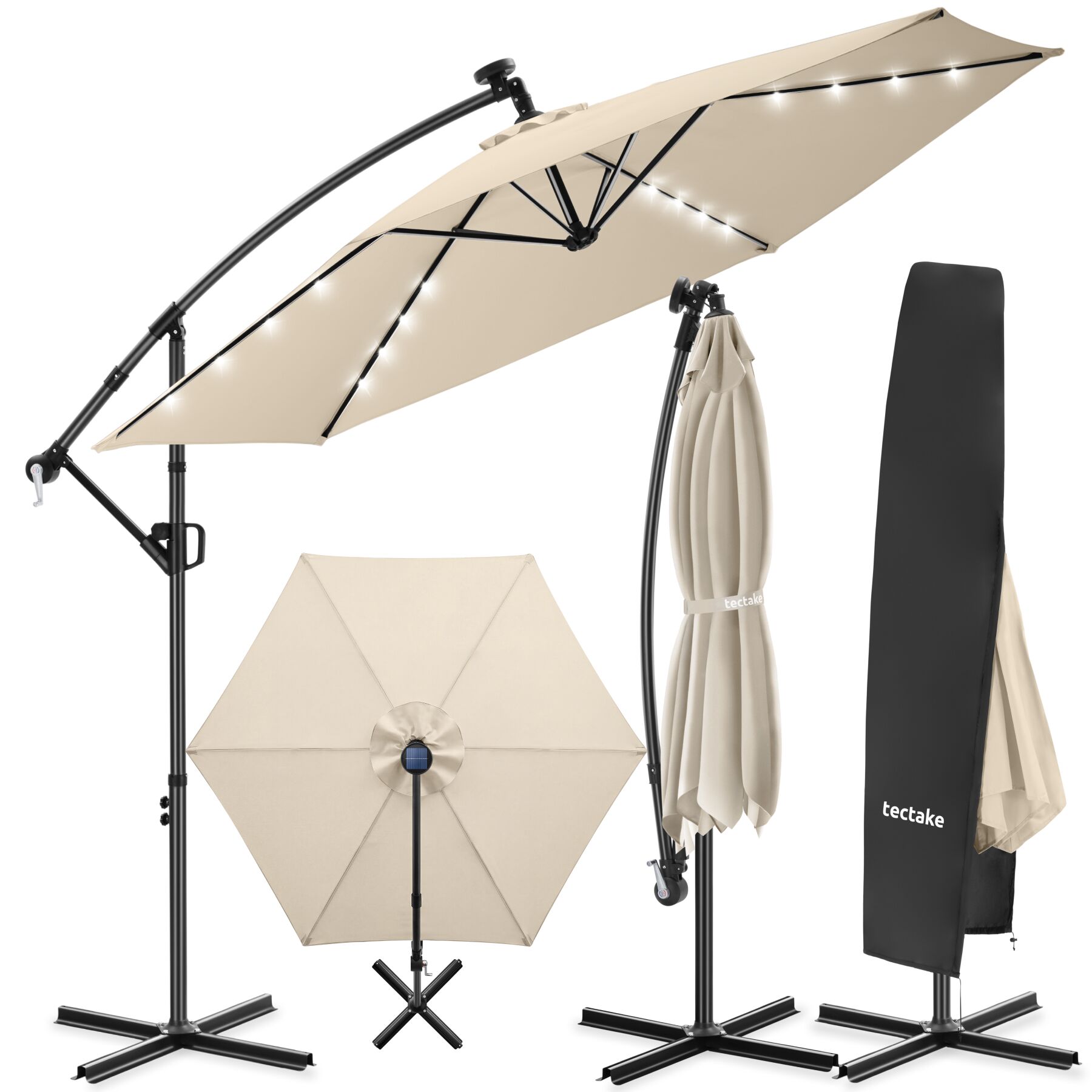 Parasol Artemis, 360° draaibaar, LED-solar, 3 x 3 m - beige | tectake