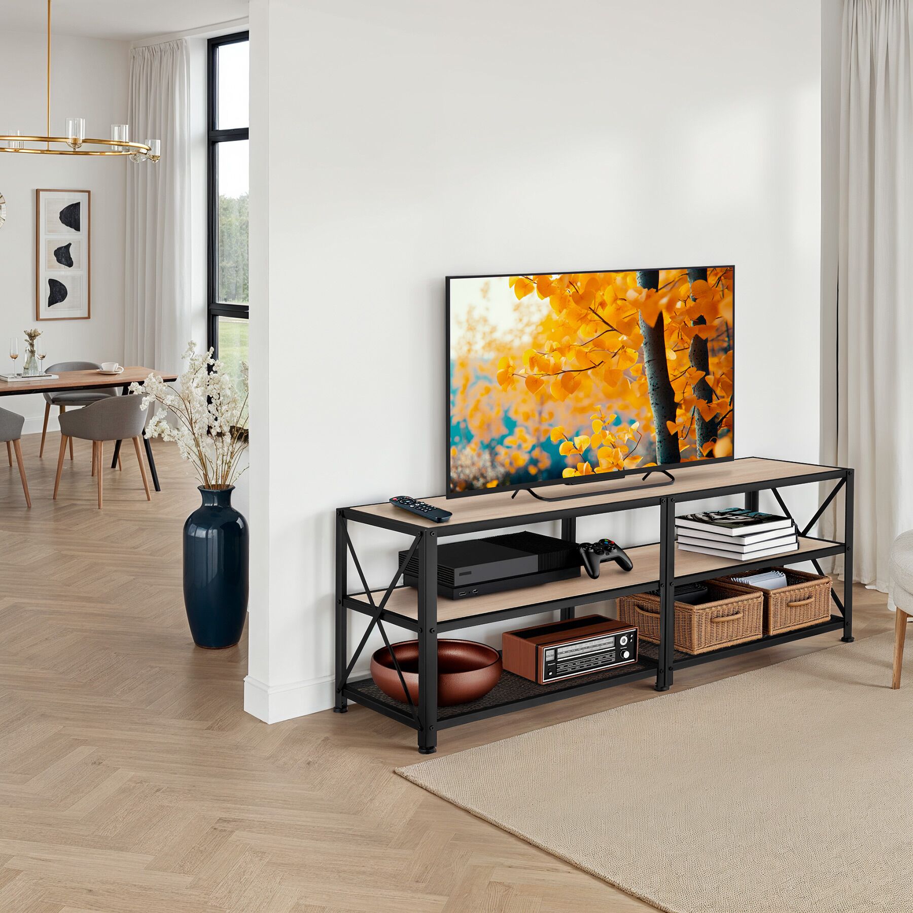 Tectake TV-Regal Im Industrial Style – 110x40x45,5 Cm, 2 Offene Fächer + Staufach Mit Tür, Holzoptik & Schwarzes Metallgestell