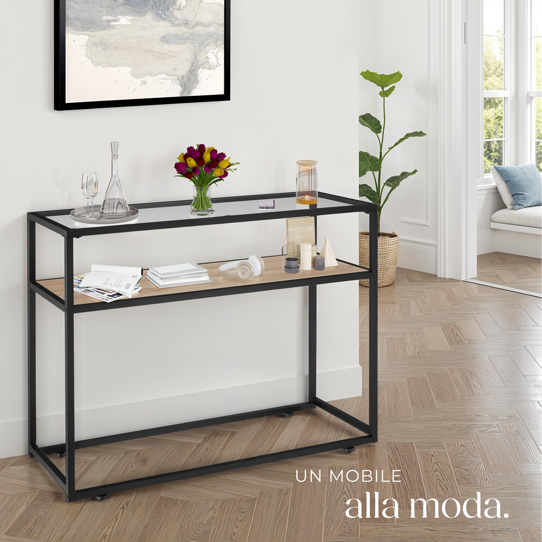 Tavolo console vetro corridoio tavolino appoggio 2 ripiani legno metallo - Foto 20 di 25