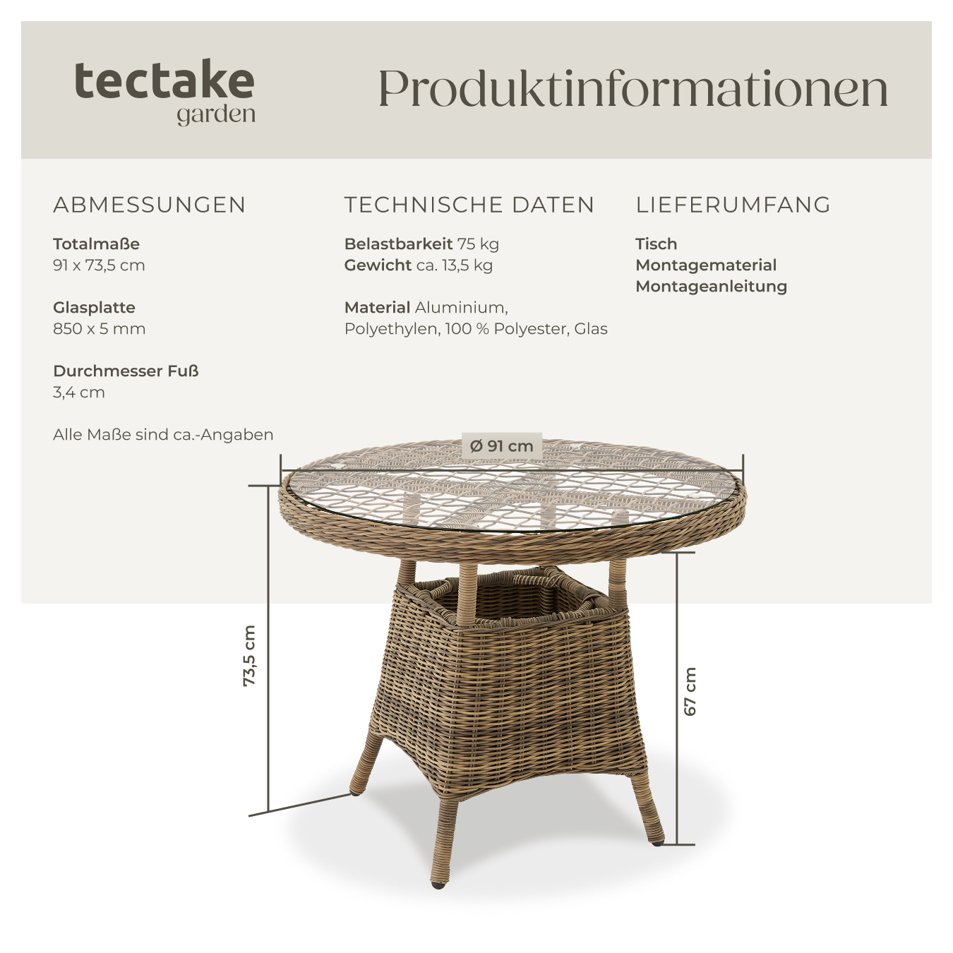 Gartentisch rund 90 cm Polyrattan Beistelltisch Alu Geflechttisch Garten Balkon