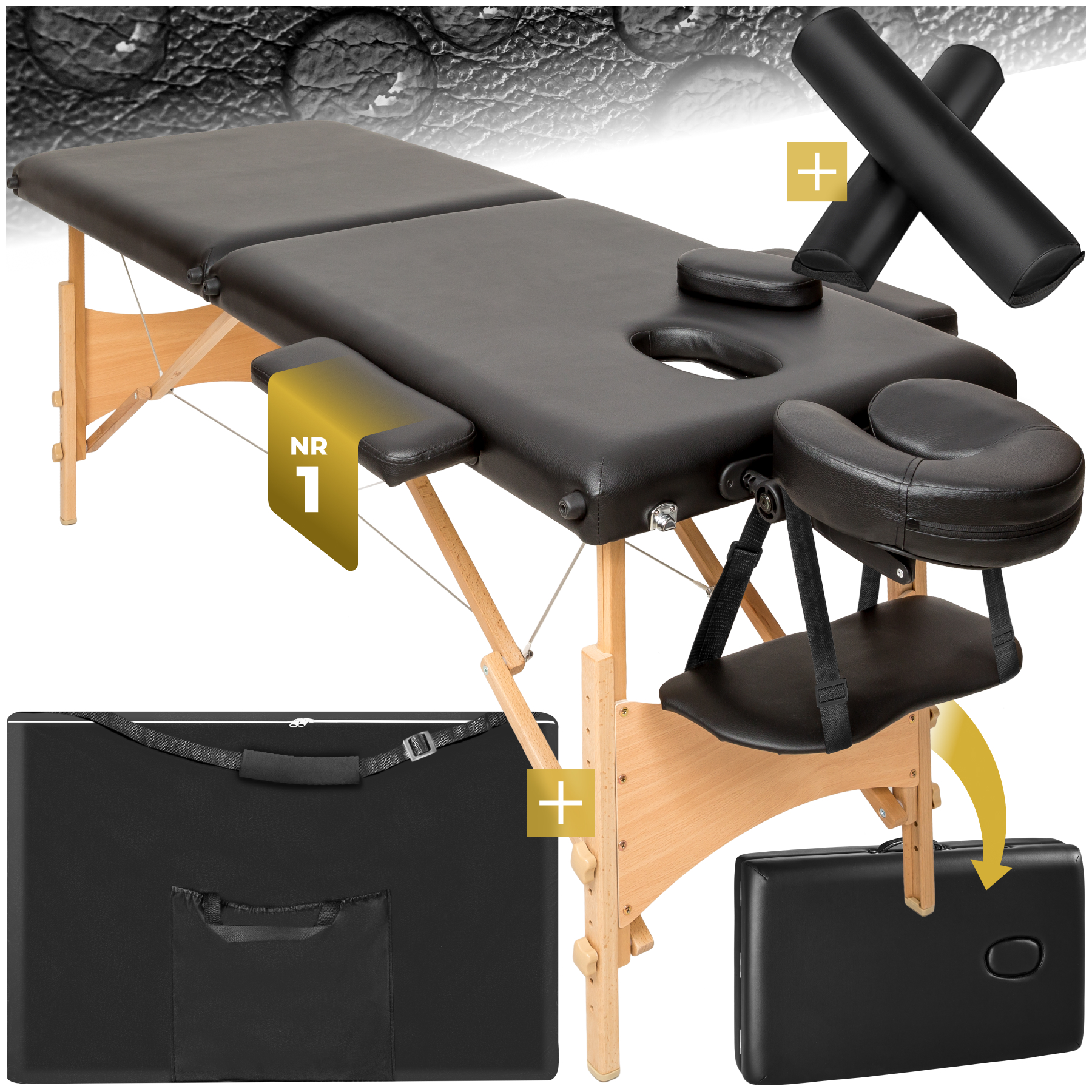 2 Zonen Massageliege-Set Freddi mit 5cm Polsterung, Rollen und Holzgestell - schwarz