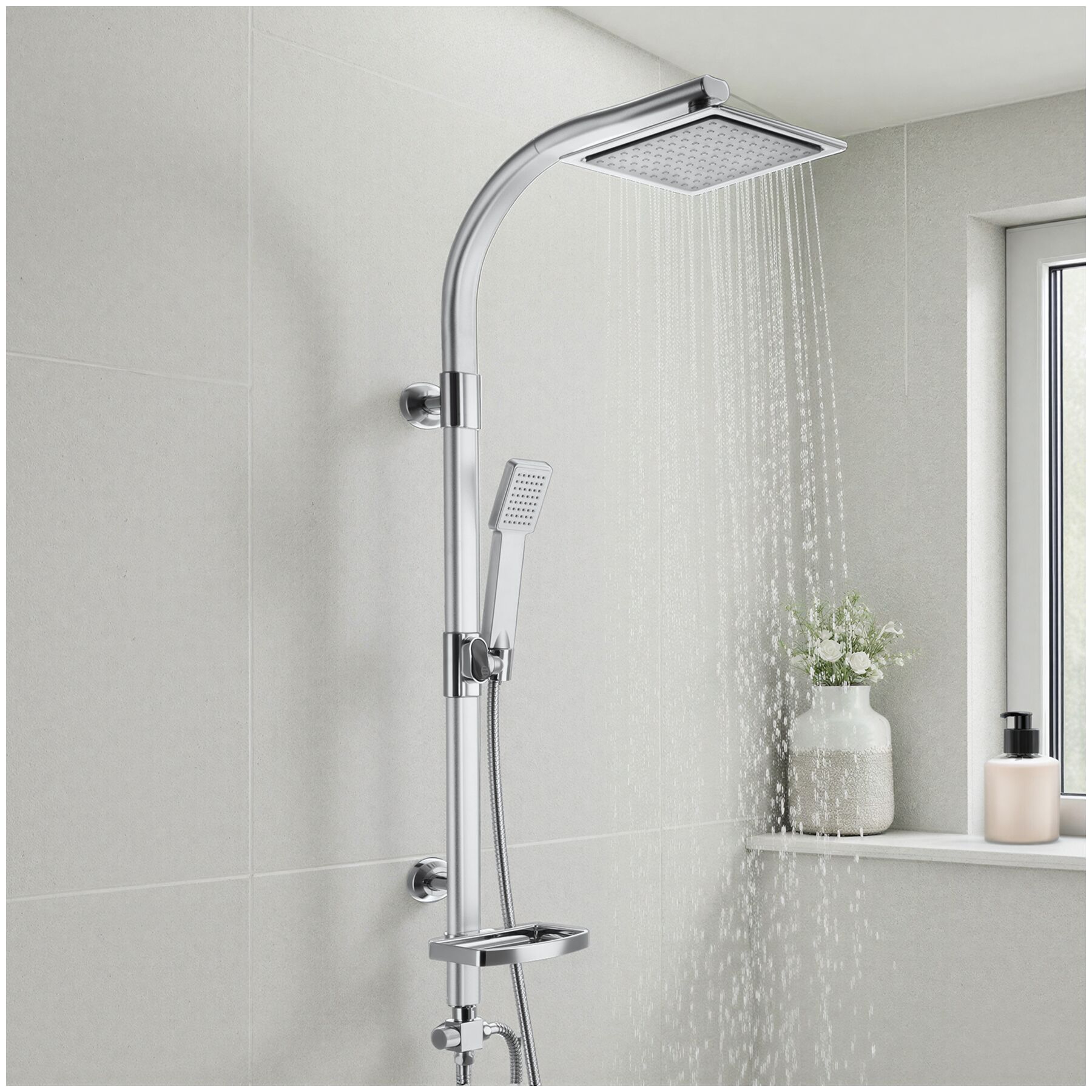 Aluminum rain shower system with handheld showerhead and soap dish - grey | tectake