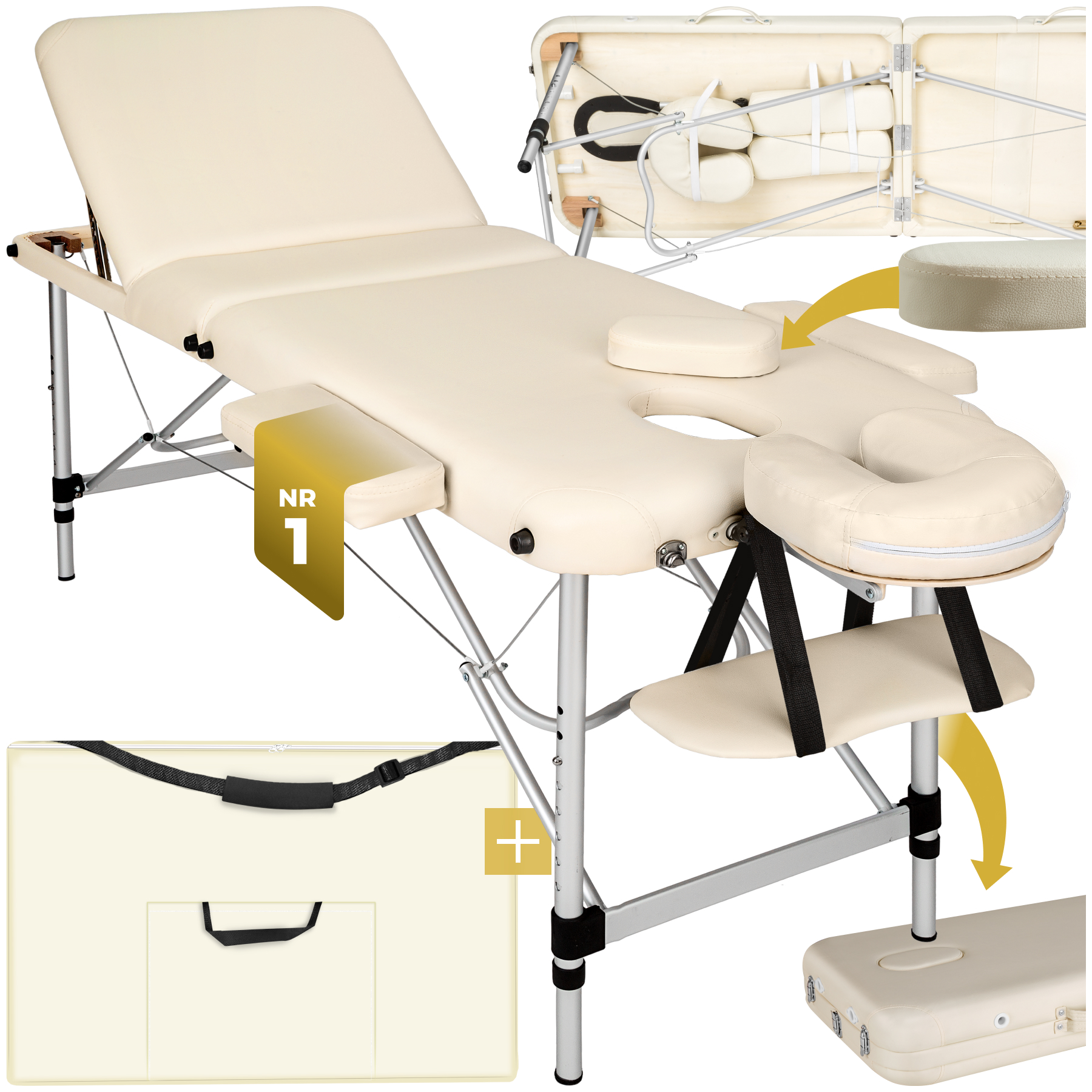 3 Zonen Massageliege mit 5cm Polsterung und Aluminiumgestell - beige