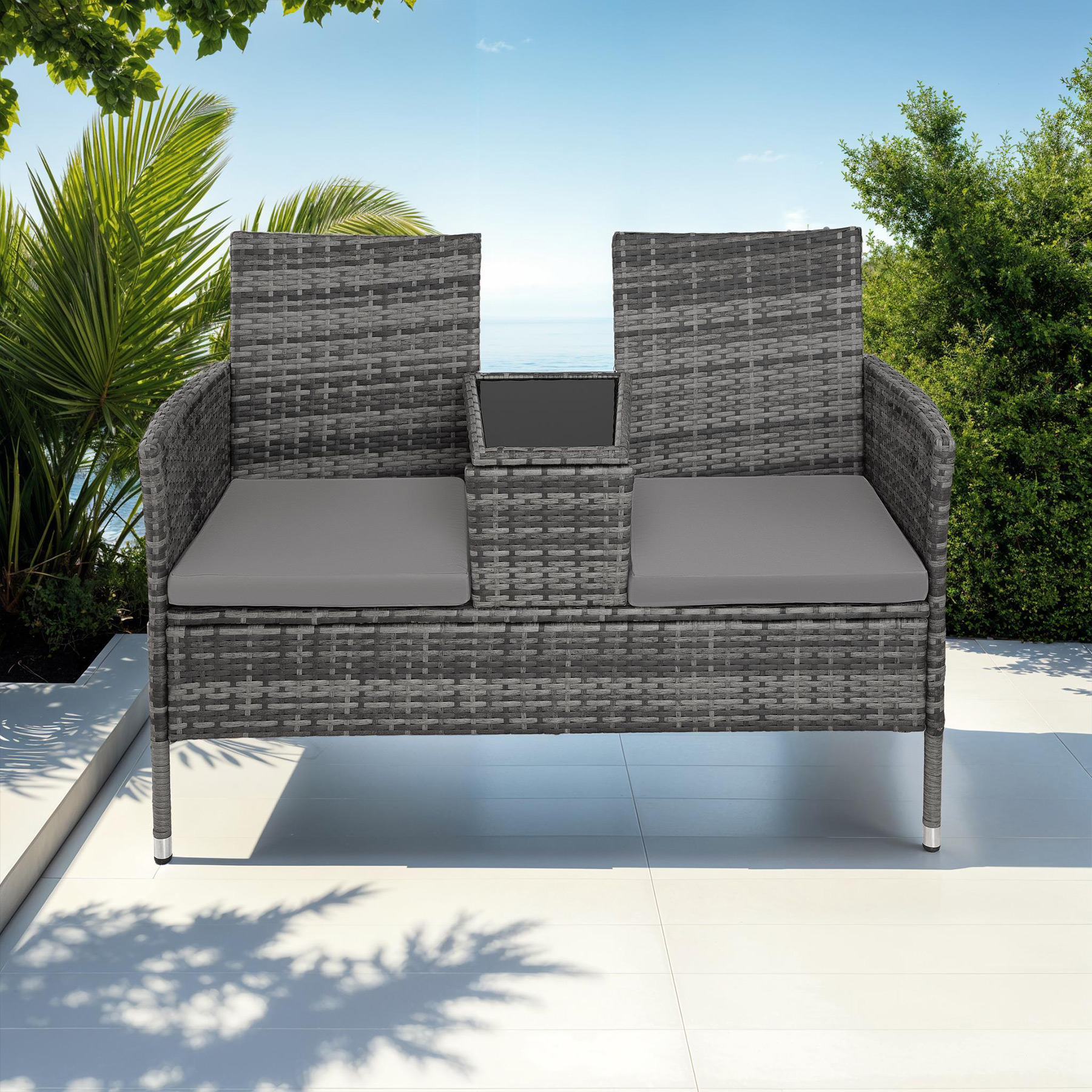 Poly Rattan Bench Glass Table Garden Furniture 2 Seats Wicker Patio Balcony New - Picture 61 of 81