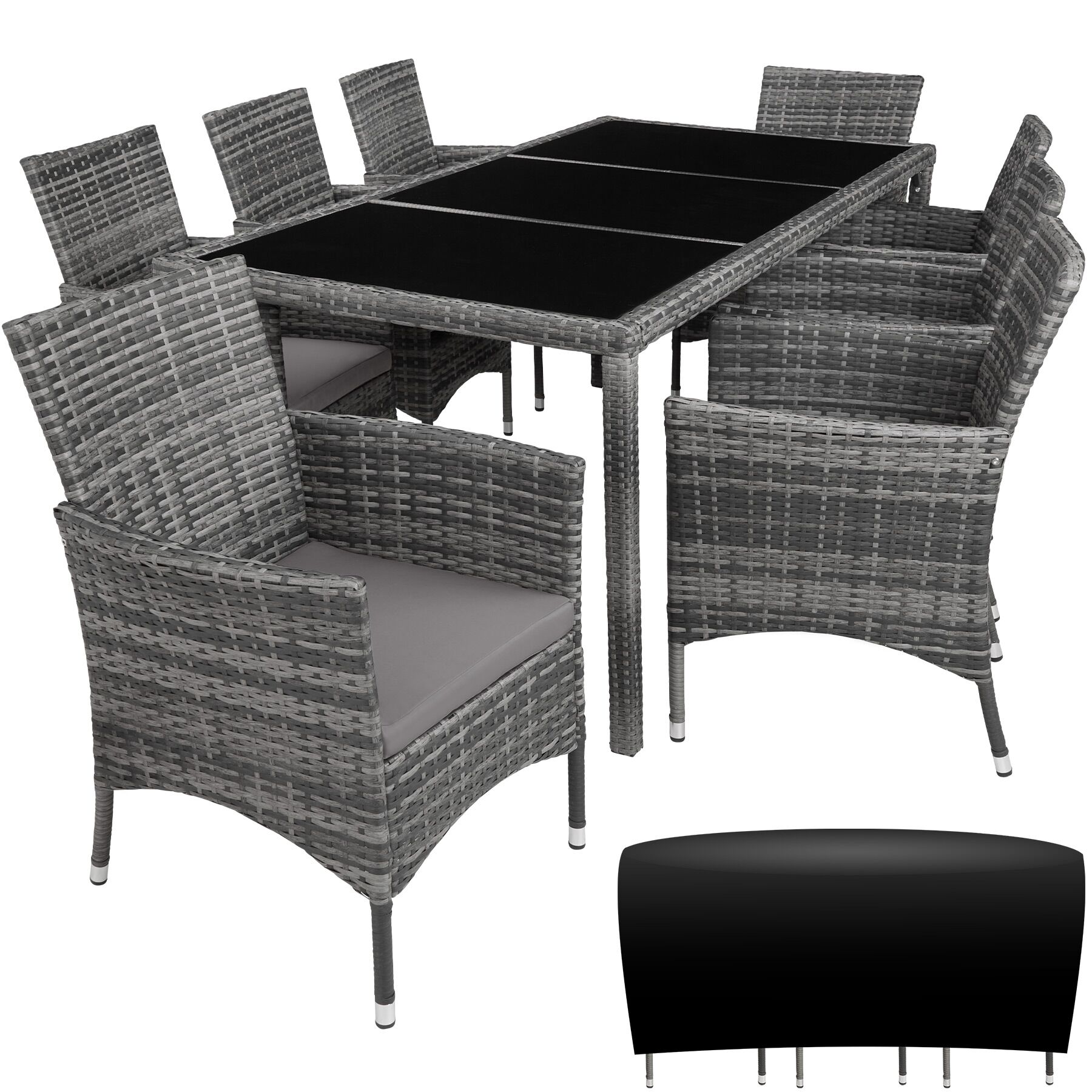 Rattan Sitzgruppe 8+1 mit Schutzhülle - grau-meliert/grau