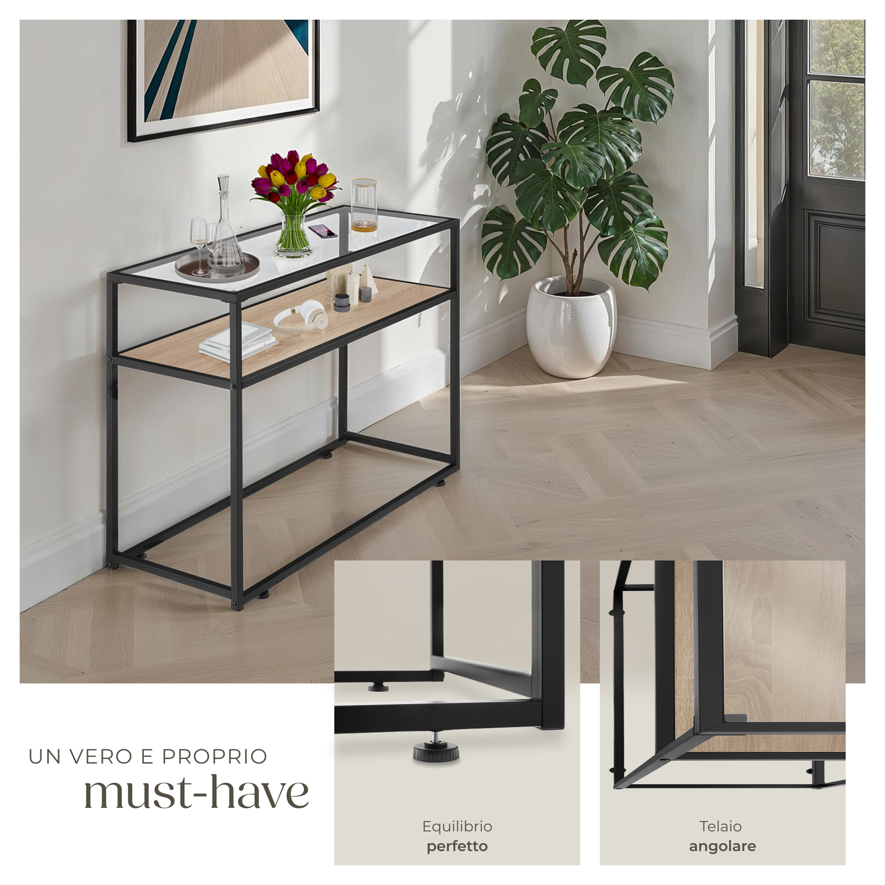 Tavolo console vetro corridoio tavolino appoggio 2 ripiani legno metallo - Foto 17 di 25