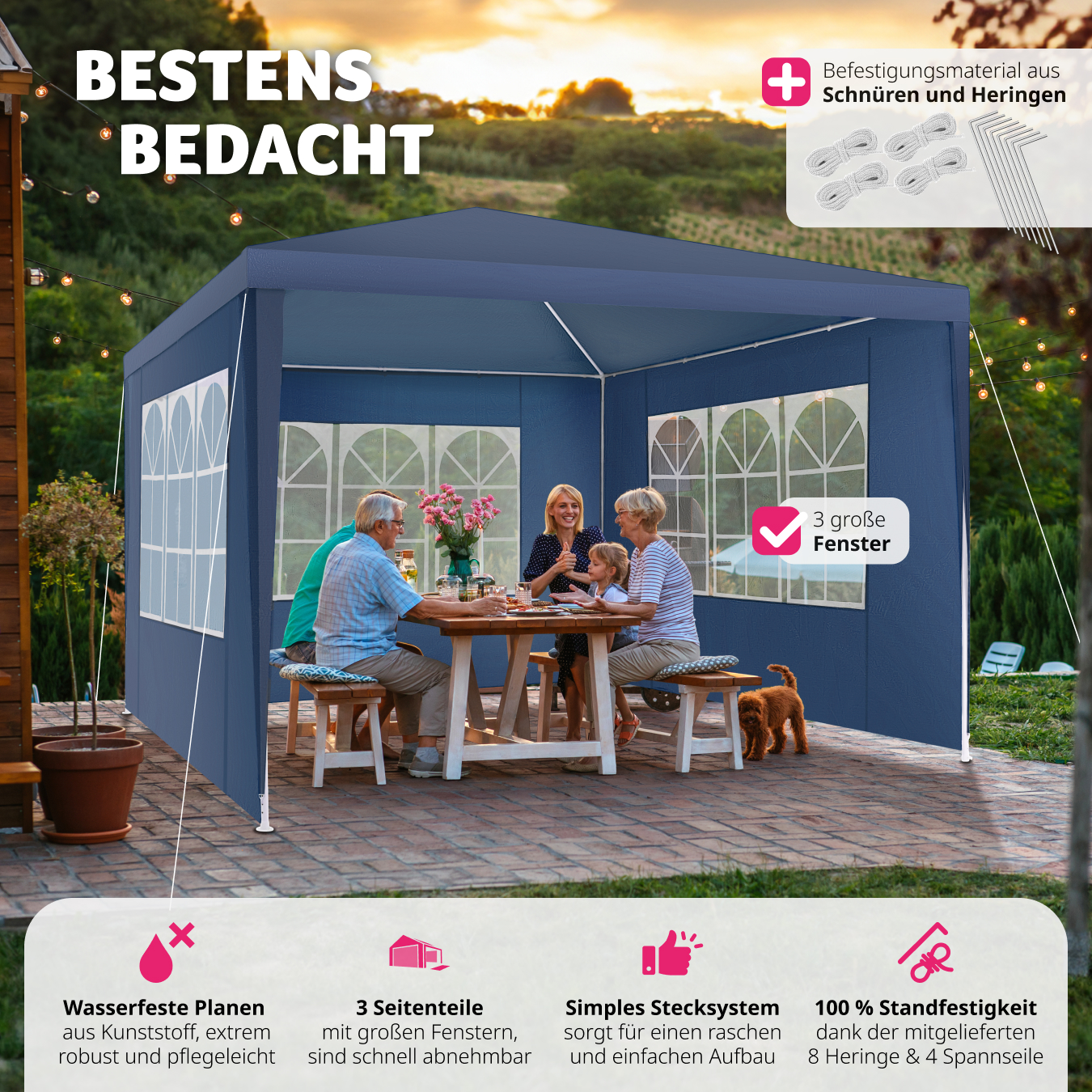 Pavillon 3x3m Partyzelt Gartenzelt Festzelt Bier Zelt 3 Seitenteile wasserdicht