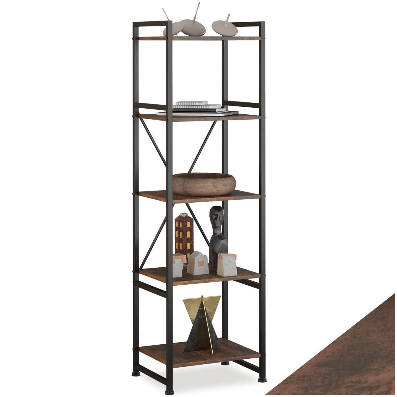 Etagère bibliothèque MANCHESTER style industriel 47,5 x 34,5 x 151,5 cm - Bois foncé industriel, rustique de tectake