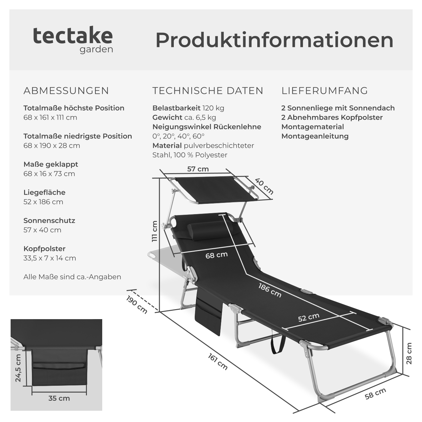 2er Set Sonnenliege Klappbar mit Dach Liegestuhl Relaxliege Kopfpolster Liege