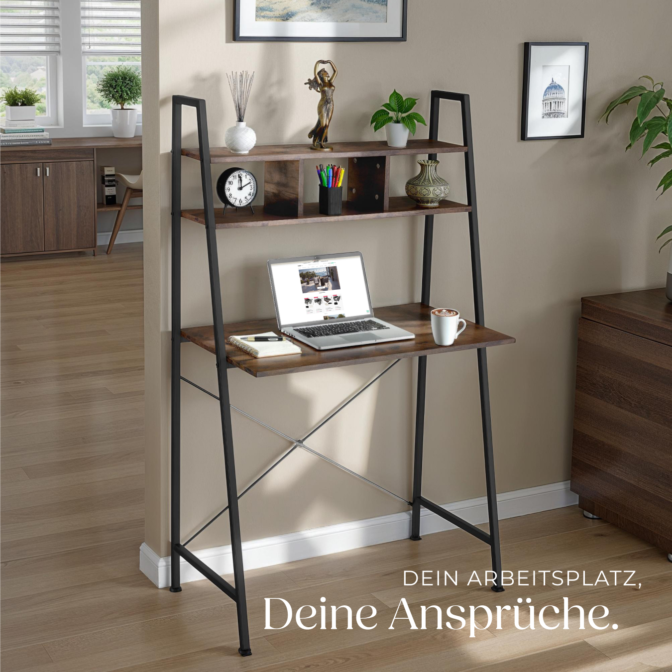 Schreibtisch mit Regal Bürotisch Computertisch Tisch Holz Metall Industrie Look