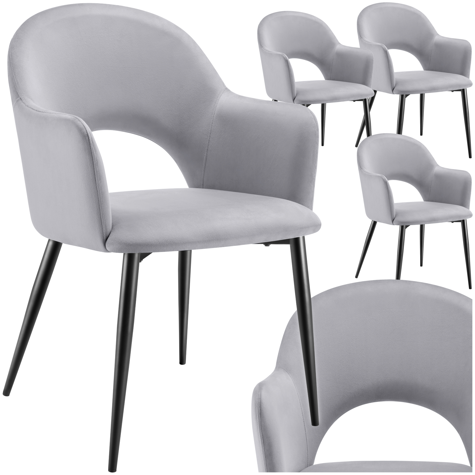 Dining Chair Sasha- padded armchair in velvet look, continuous backrest - light grey, Set of 4 | tectake