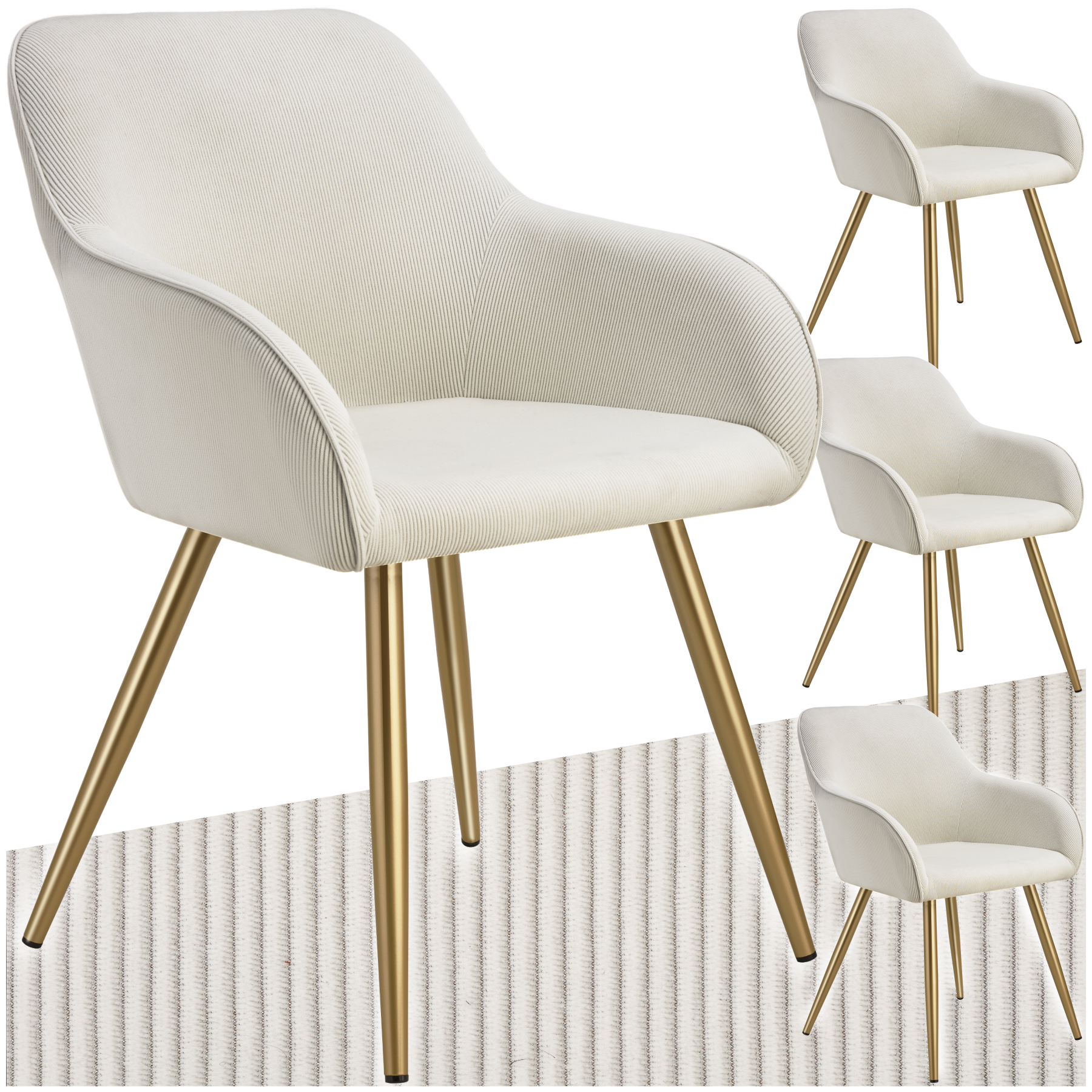 Dining Chair Marilyn - corduroy look, upholstered, armchair, continuous backrest - cream/gold, Set of 4 | tectake