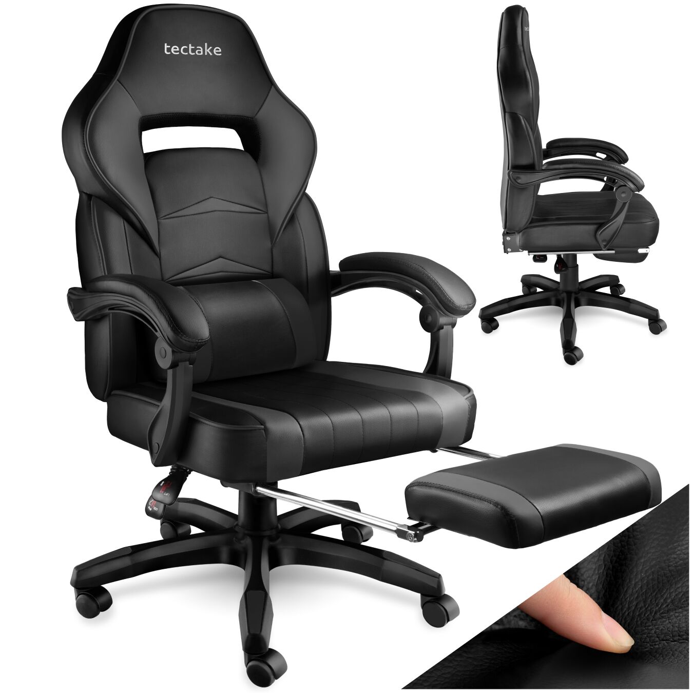 Gaming Chair Comodo - ergonomic shape, footrest, adjustable backrest - black/black