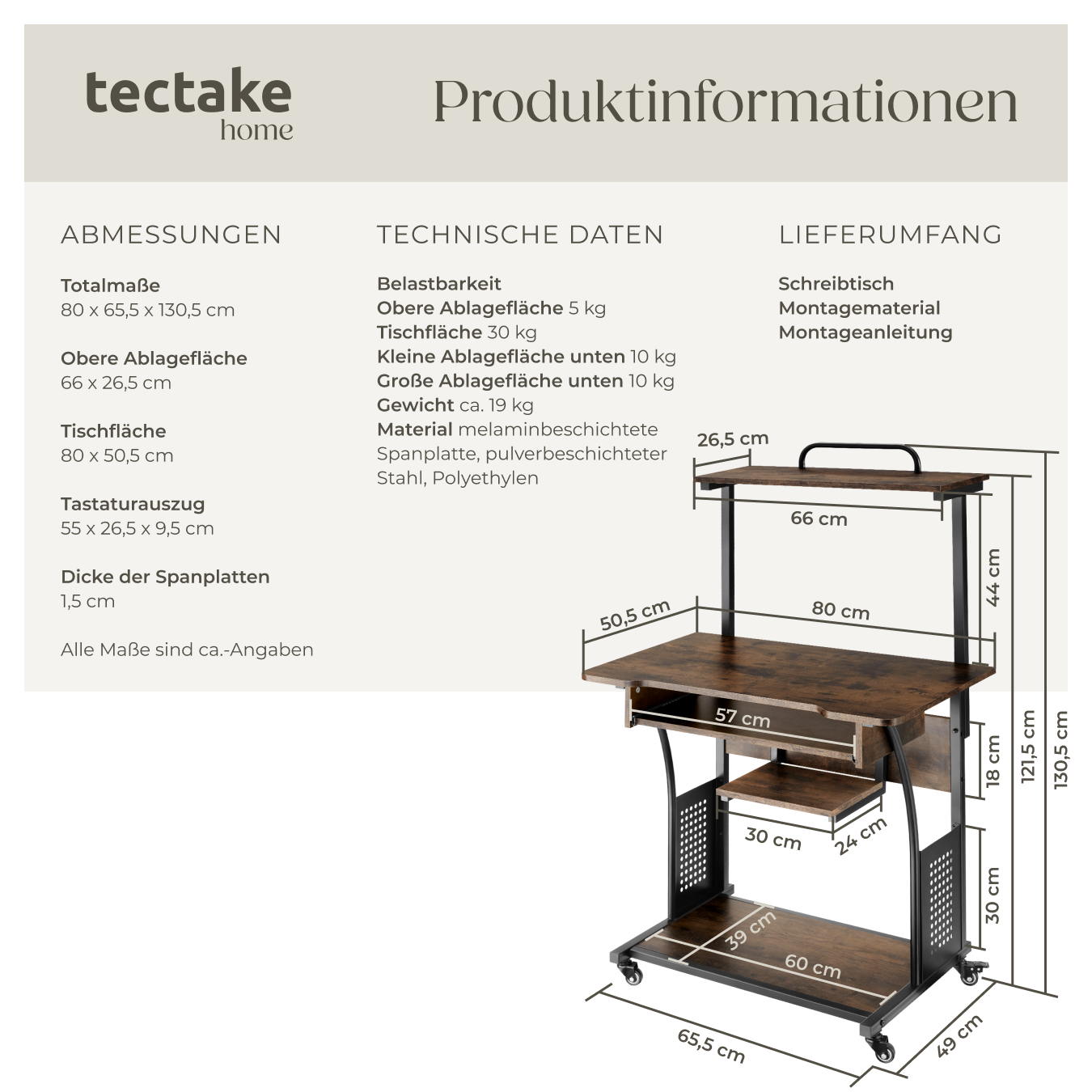 Schreibtisch Computertisch Bürotisch PC Tisch mit Rollen Holz Metall Industrie