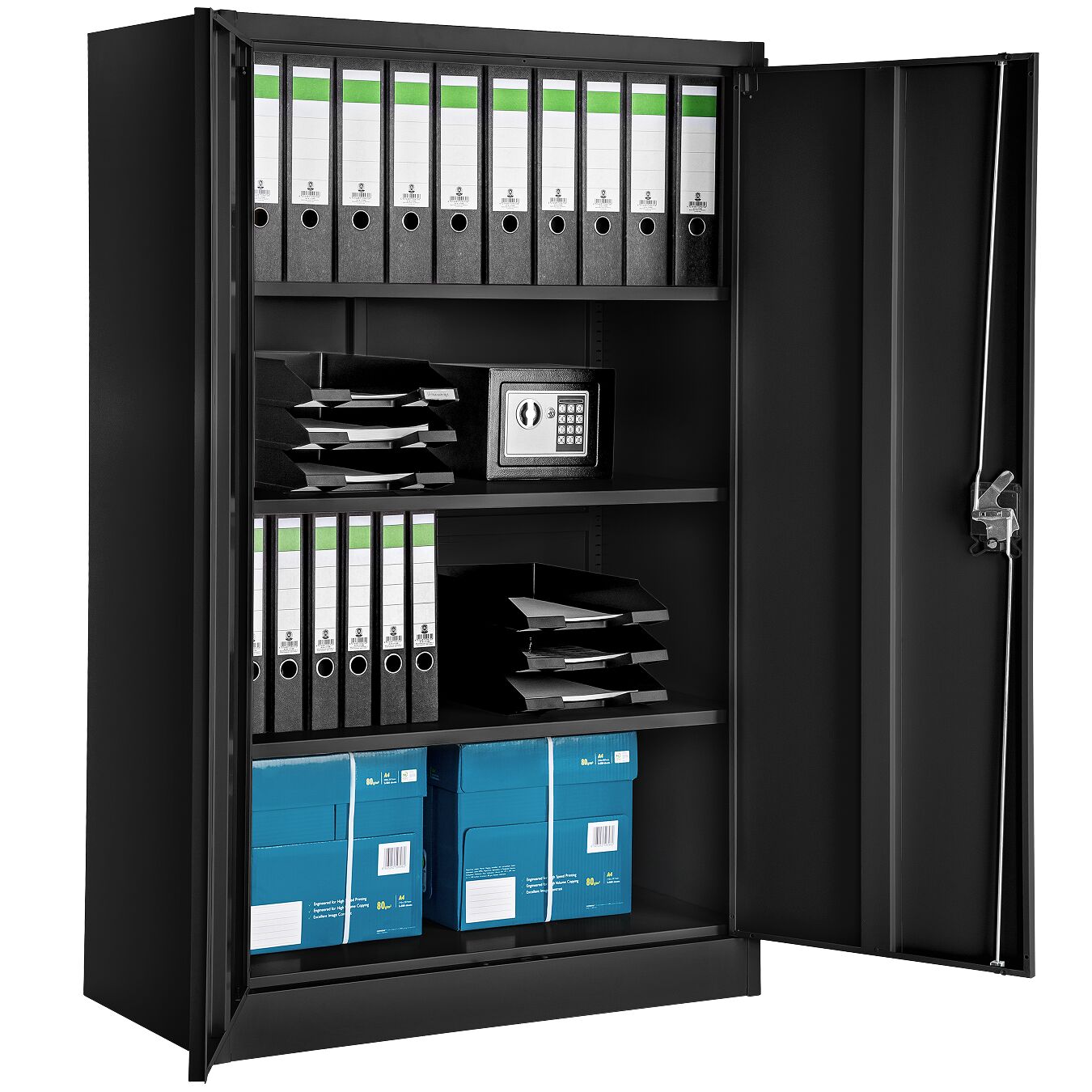 Filing Cabinet - 4 adjustable shelves, lockable, 140 x 90 x 40 cm - black