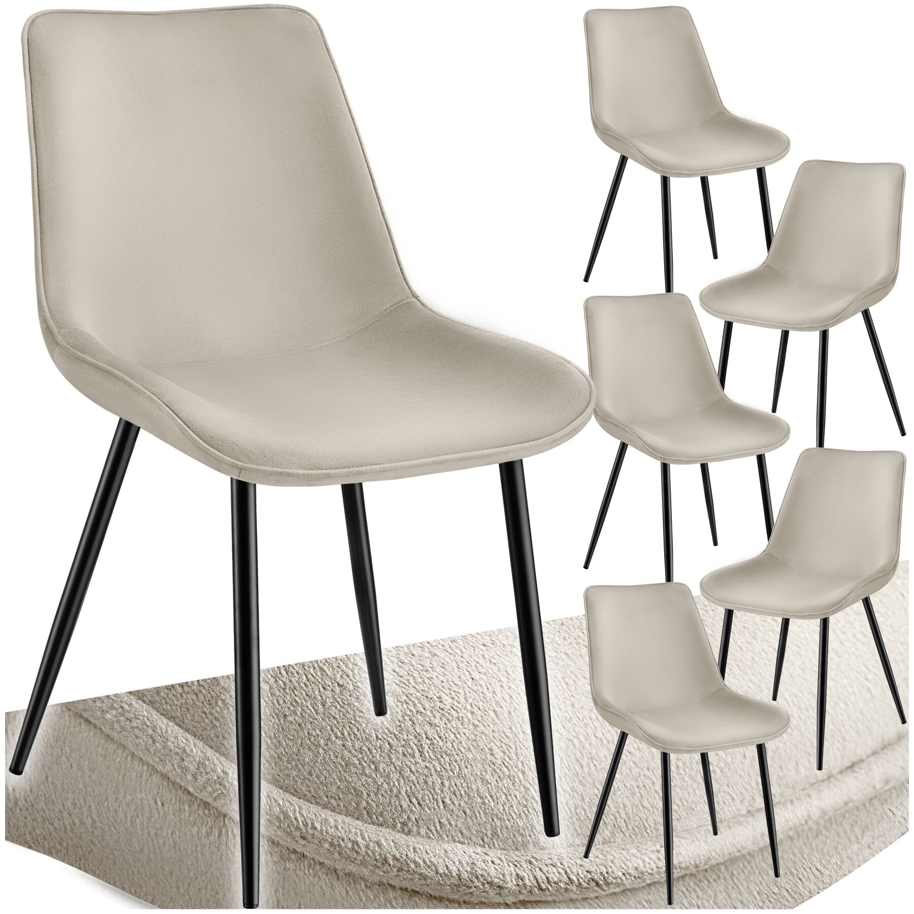 Dining Chair Monroe - padded, velvet look, ergonomic seat, black steel legs - cream, Set of 6 | tectake