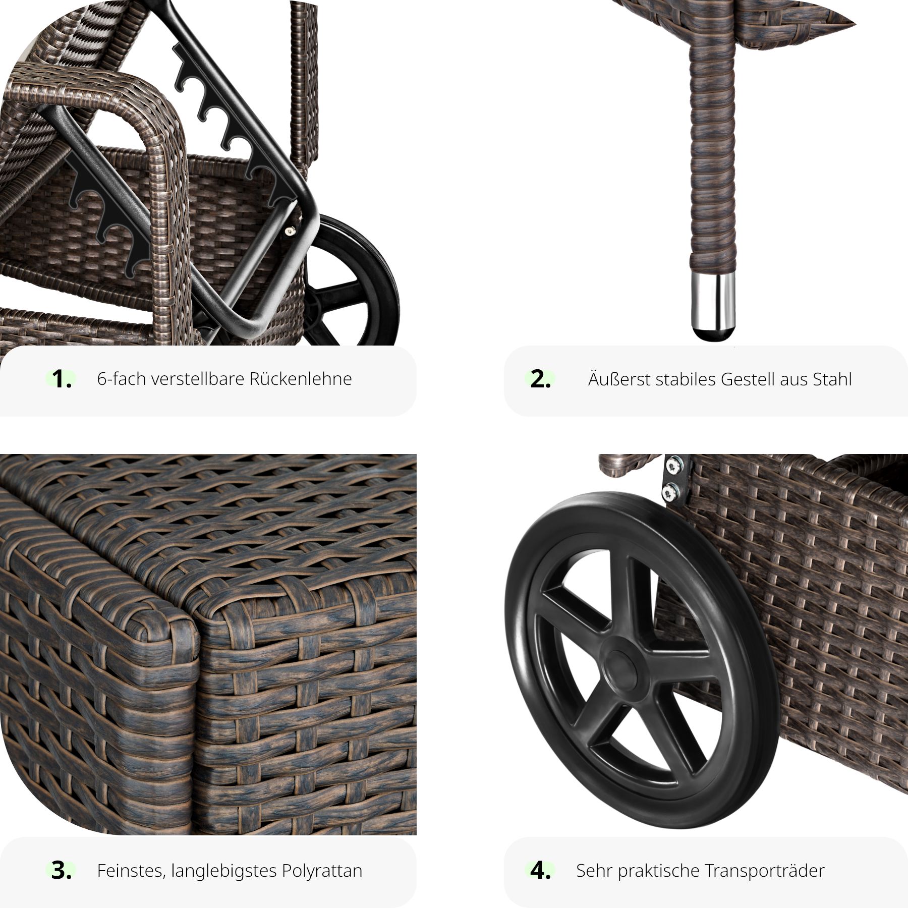 Sonnenliege klappbar Gartenliege Polyrattan Liegestuhl Strandliege robust 200 cm - Bild 100 von 145